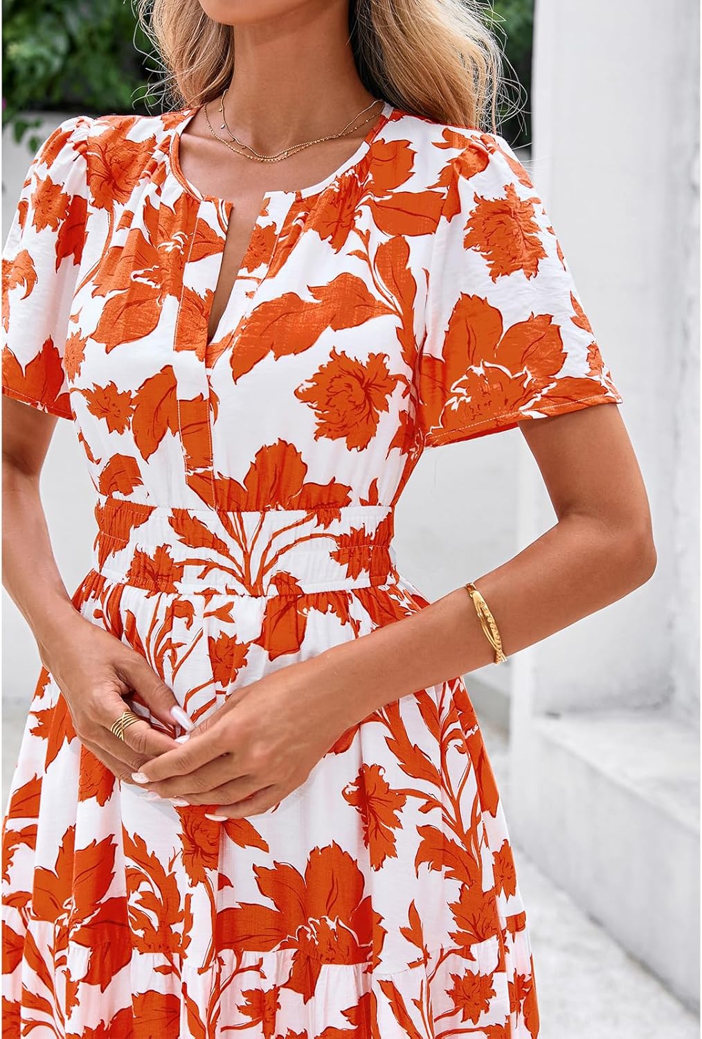 BTFBM Womens Summer Floral Maxi Dresses V Neck Short Sleeve Boho Casual Flowy Long Wedding Guest Dress Beach Vacation - Image 6