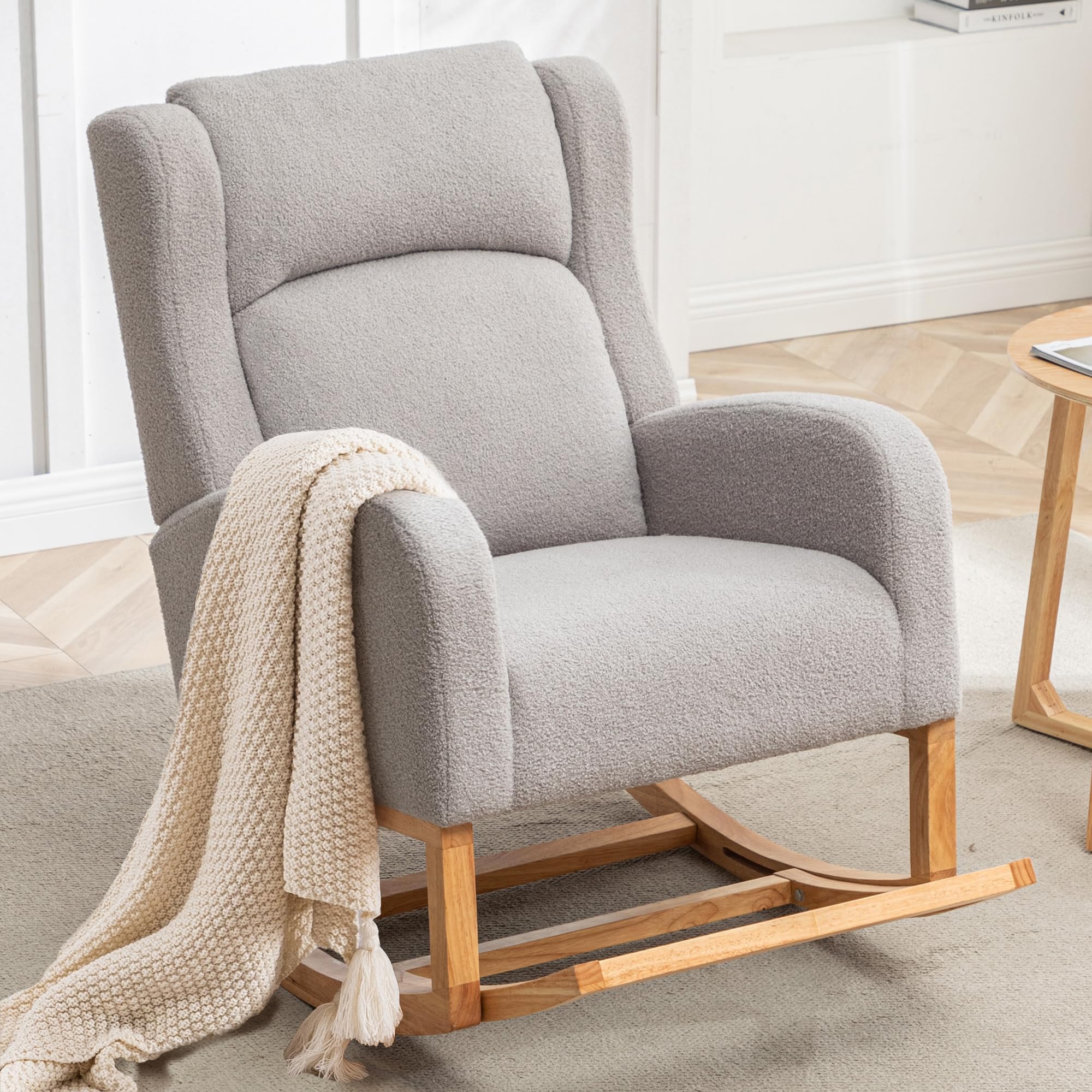 HCHAIRH Rocking Chair Nursery, Nursing Rocking Chairs for Mom Nursery, Comfy Wingback Glider Rocking Armchair with Foot Rest and Side Pocket for Nursery Living Room Bedroom, Teddy Grey