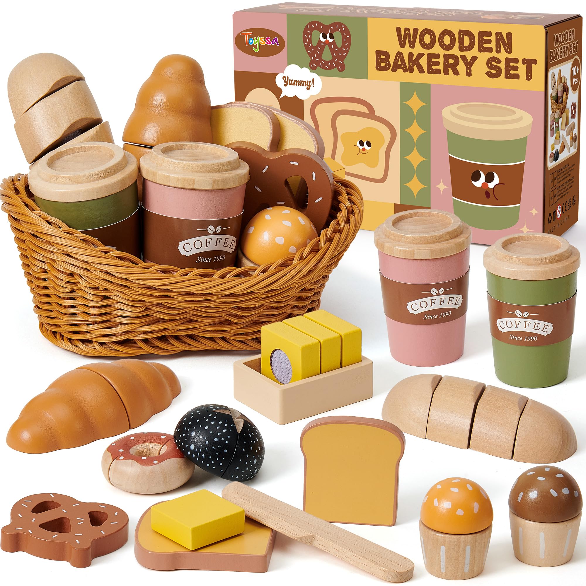 Atoylink Wooden Play Food Kitchen Toys for Kids, Wooden Bakery Toy Set with Basket Bread Wooden Kitchen Accessories for Pretend Play Gift for Kids Girls Boys Ages 3 4 5 6 Years