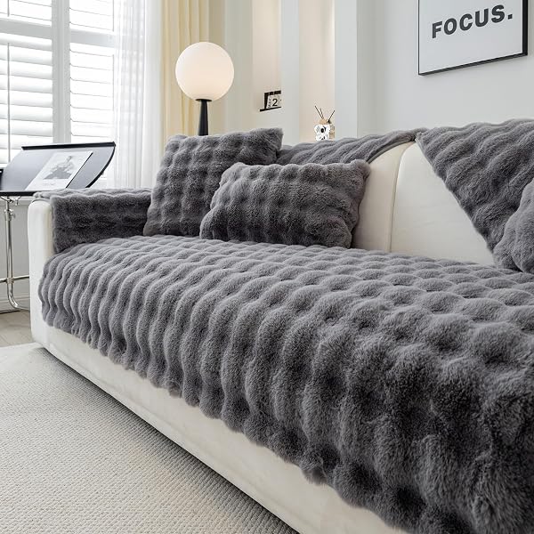 Topchances Soft Plush Sofa Cover - New Non-Slip Sofa Covers 1 2 3 Seater, Rabbit Faux Fur Couch Covers, Fluffy Couch Cover, Sofa Cover L Shape Furniture Protector for Living Room (Dark Grey, 90x210) - 1