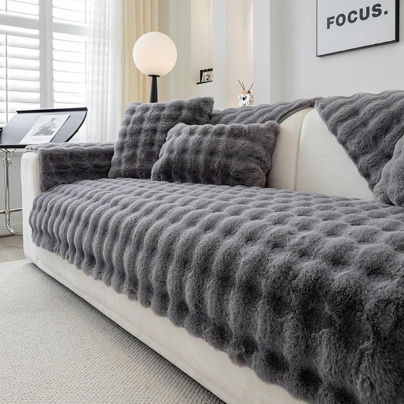 Topchances Soft Plush Sofa Cover - New Non-Slip Sofa Covers 1 2 3 Seater, Rabbit Faux Fur Couch Covers, Fluffy Couch Cover, Sofa Cover L Shape Furniture Protector for Living Room (Dark Grey, 90x210)