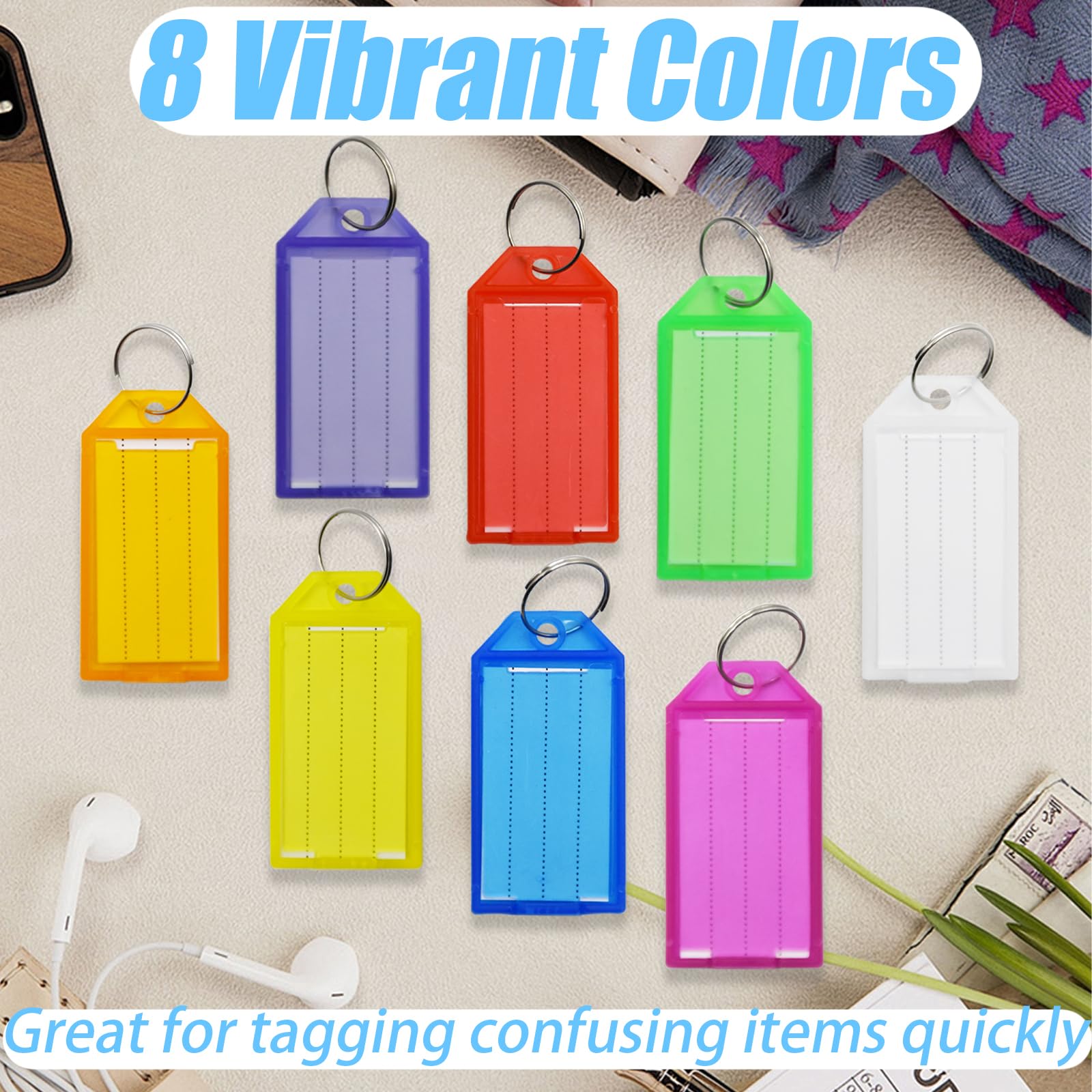 SHENSAIGO Pack of 32 Key Tags with Labels, 8 Colours Plastic Key Chain Tags with 32 Labels, Key Rings with Tags - Image 4