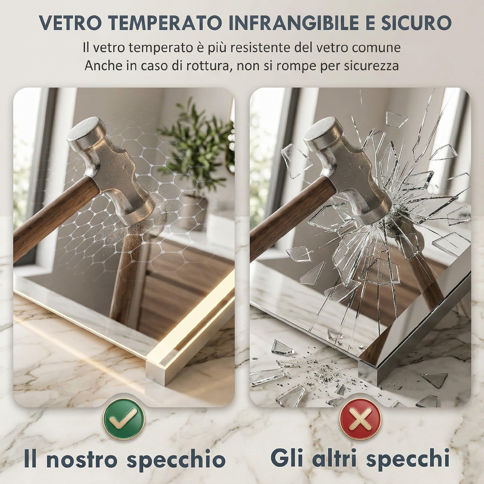 HOMCOM Specchio Bagno con Luce LED a 3 Colori 70x50 cm Antiappannamento | Specchio da Parete, Vetro Temperato Reversibile, Luminosità Regolabile, Funzione Memoria, Interruttori Touch, IP44