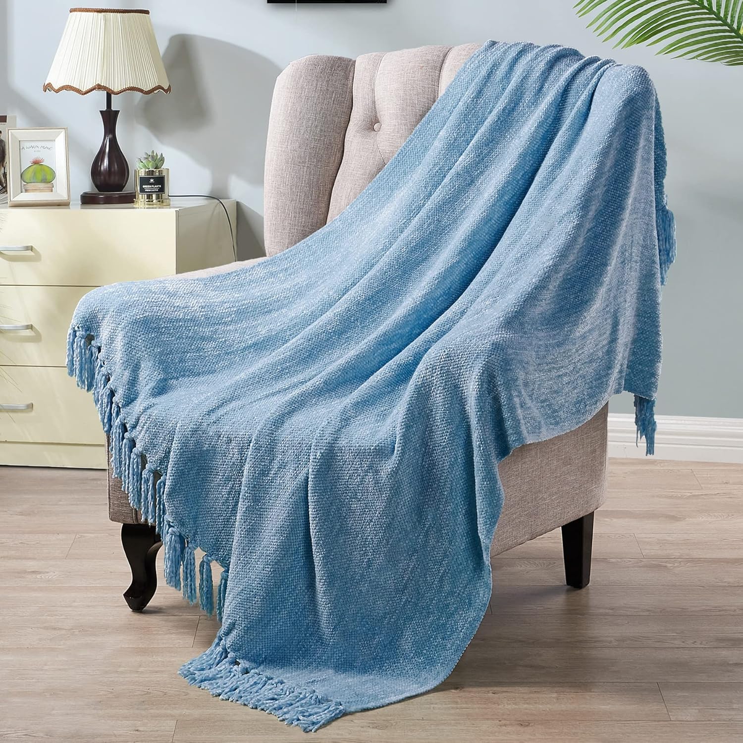 Chenille Knitted Throw Blankets with Fringe Tassels, Velvety Soft Textured Lightweight Afghan Mexican Decorative Throw Blankets for Couch Bed Sofa Chair Outdoor (Dark Pastel Blue 50 x 60 in)