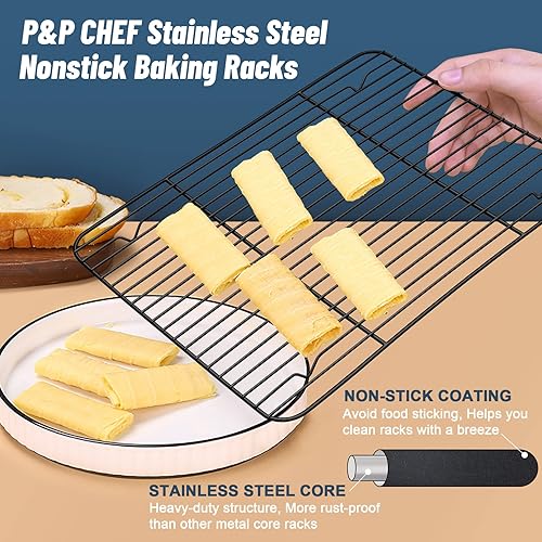 Miniatura 3 de P&P CHEF Juego de 2 estantes de enfriamiento antiadherentes para hornear para cocinar a la parrilla, paquete de 2 estantes de secado para uso en