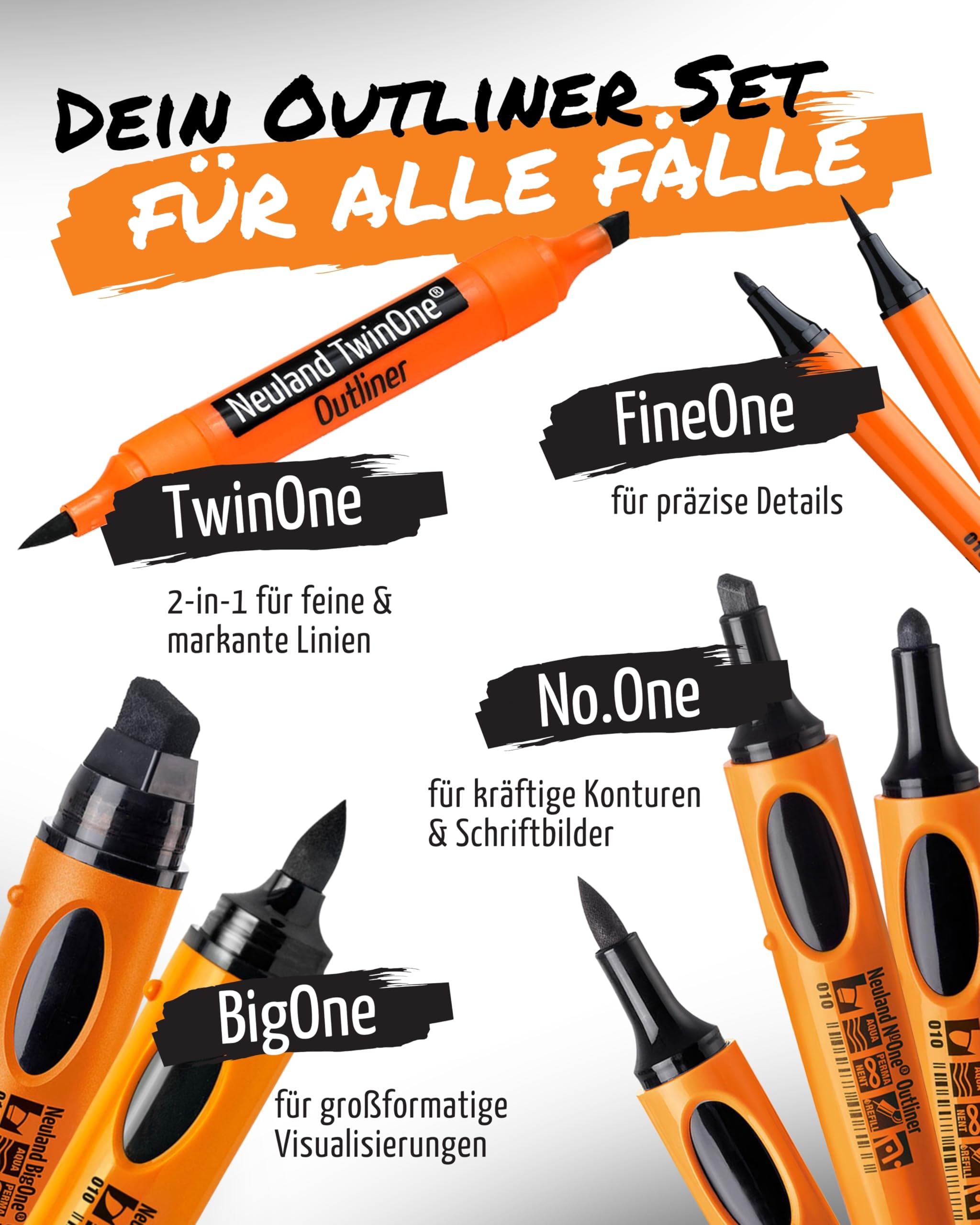 Neuland Outliner-Set I 8er Mix-Set in Schwarz mit verschiedenen Spitzen I Nachfüllbare & ergonomische Permanentmarker I Ideal für sattschwarze, verwischfeste Konturen in allen Formaten