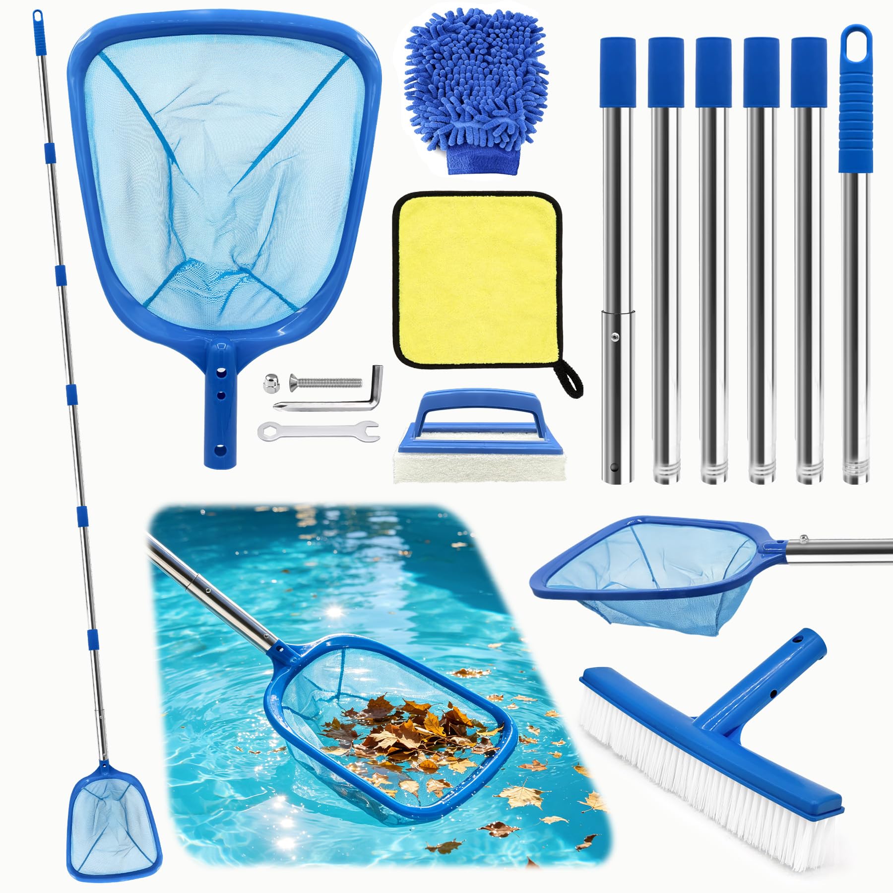 TZEKING Red Piscina Limpieza con Palo 254cm,Red Piscina Malla Fina con Cepillo Piscina,Recogedor Hojas Piscina,Red de Piscina con Cepillo para Piscina,para Piscina,Estanque,Fuente