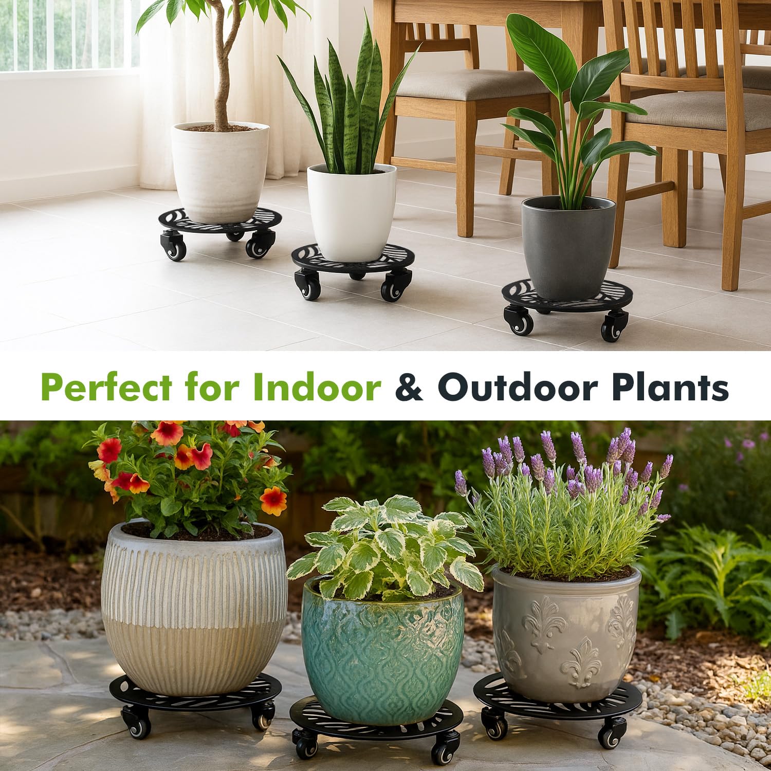 2 paquetes de 16 pulgadas de metal extragrande para plantas con ruedas, soporte de hierro resistente con ruedas, para interiores y exteriores, base de rodillo, para mover macetas, carrito de