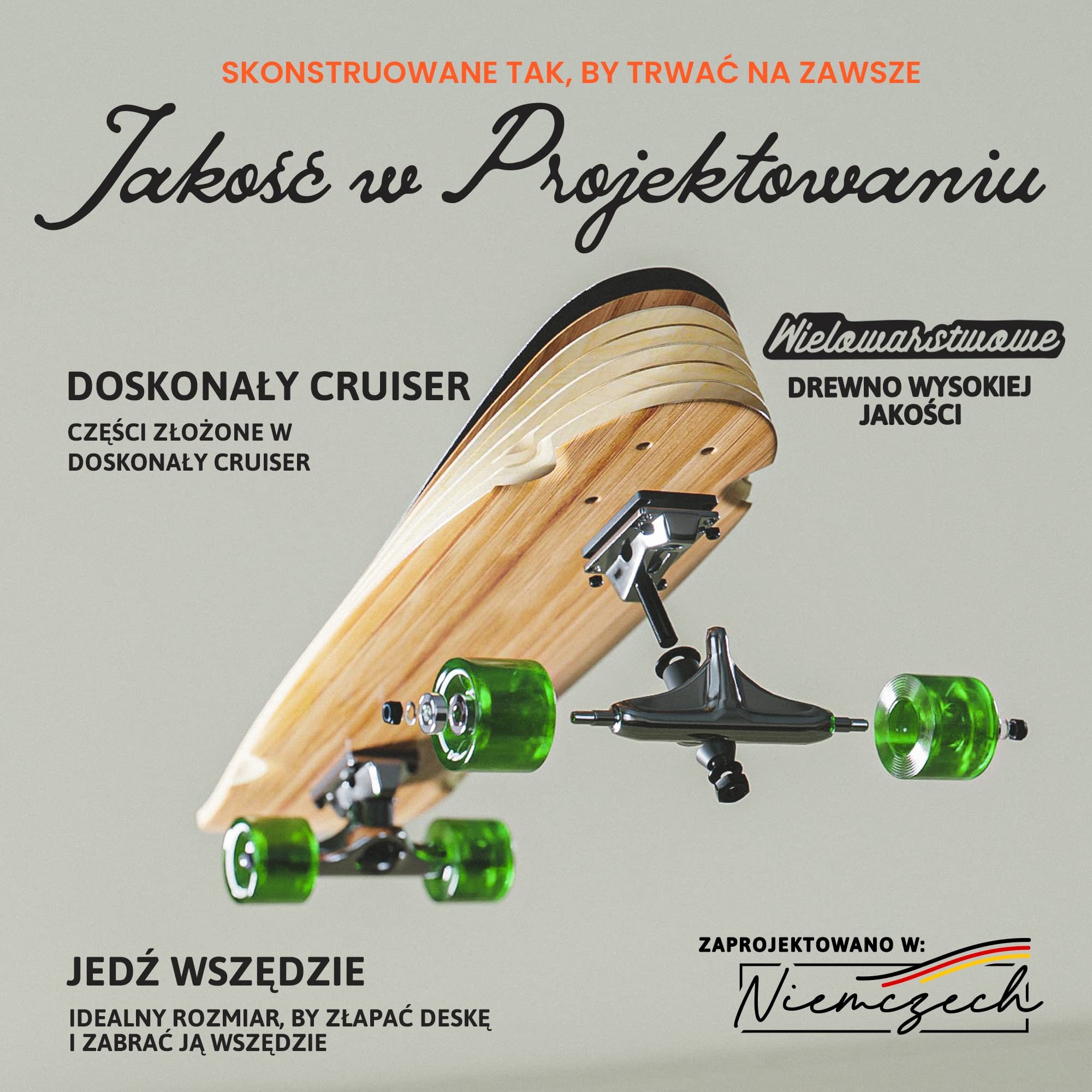 Apollo Mini longboard | Midi Cruiser jako kompletna deska, 70 cm (30 x 8), dwustronna mini longboard z drewna w stylu vintage, longboard dla dorosłych z łożyskami kulkowymi High Speed ABEC 9