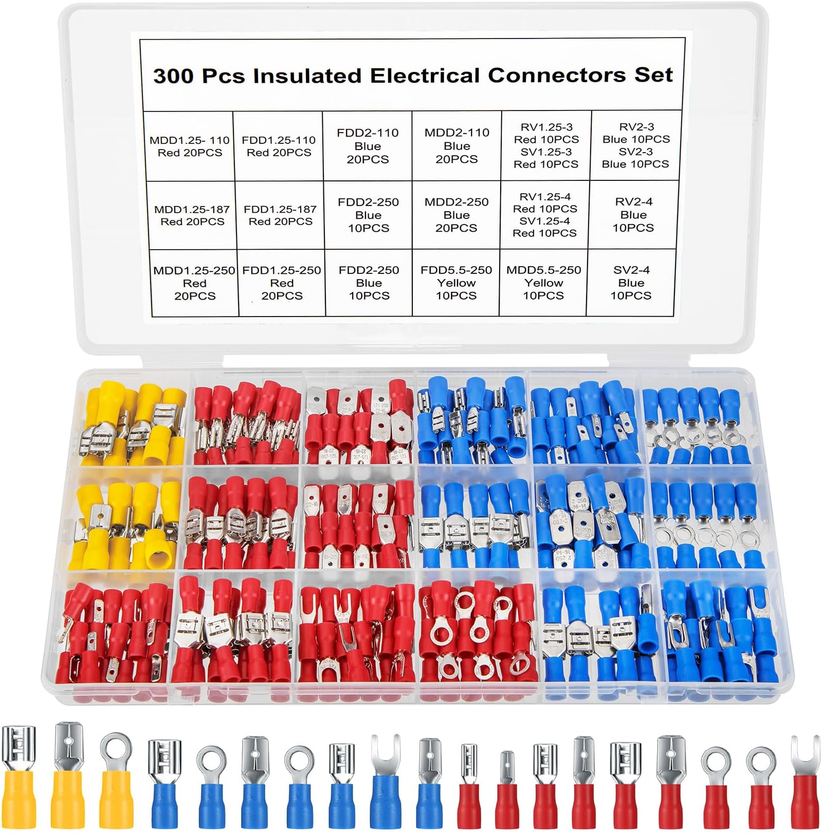 300 Pcs Electrical Connectors, Insulated Wire Cable Electrical Connectors, Fork Ring Spade Butt Quick Disconnect Crimp Terminals Lugs Set, Male/Female Wire Cable Crimp Terminals