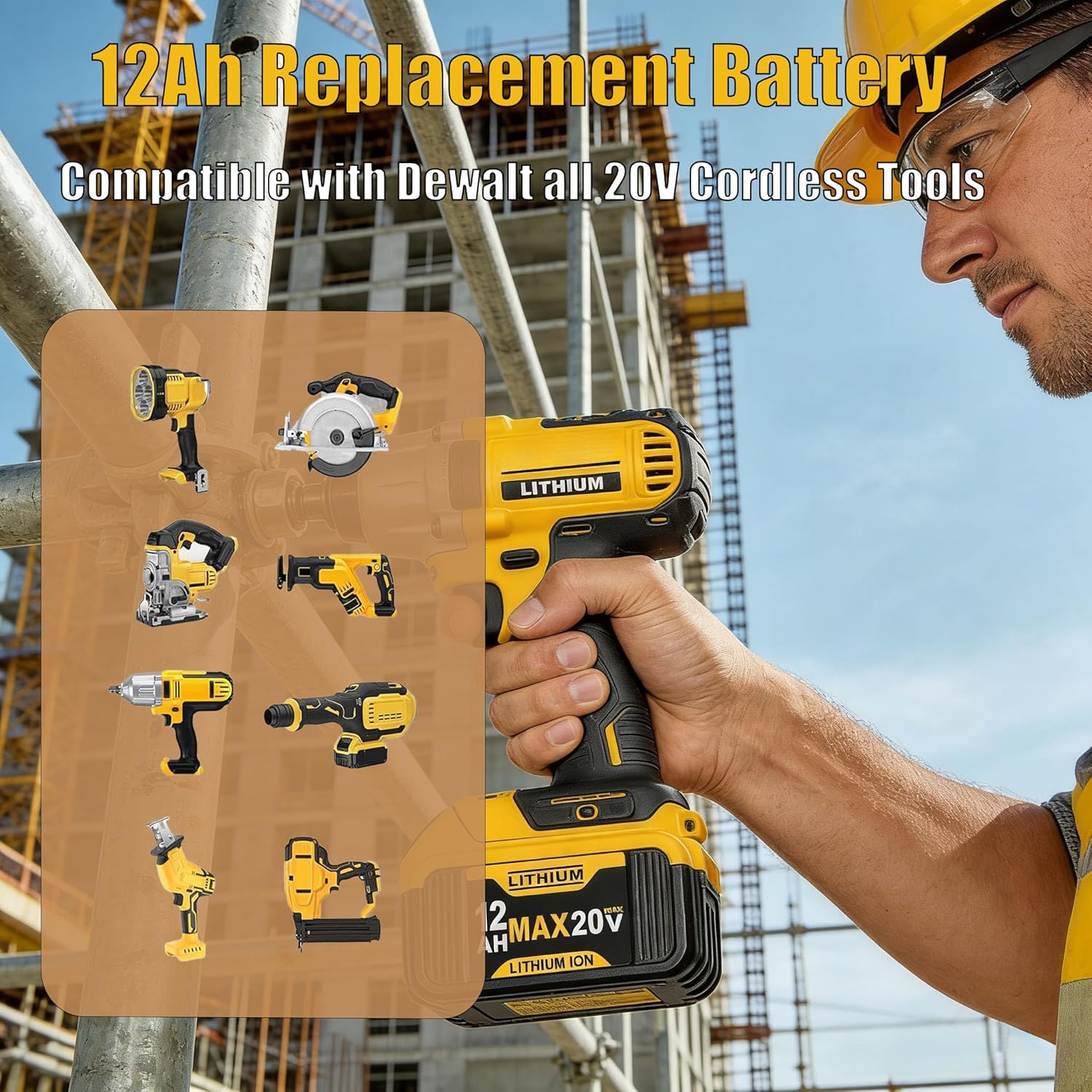 2-Pack 12Ah Replacement Battery for DeWalt 20V Max Tools - High Capacity Compatible with DCB180/DCB200/DCB206, LED Indicator & Safety Protection for Jobsite & Home DIY (2pack-12Ah)