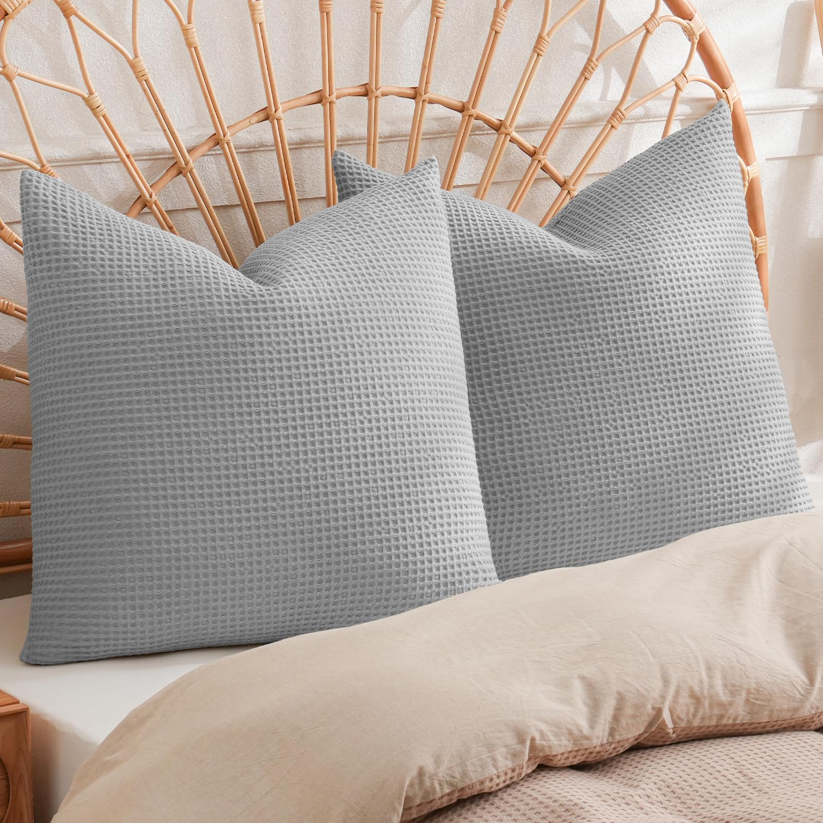 phf 100% cotton waffle weave throw pillow cover, 20" x 20", no insert, 2 pack elegant home decorative square throw pillow covers for bed couch sofa, light grey