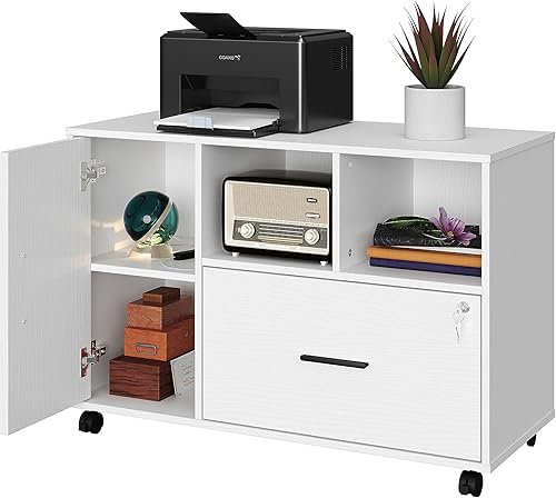 Miniatura 6 de Archivador de madera con cerradura, archivador lateral de oficina de 1 cajón con ruedas, soporte de impresora móvil con estante de almacenamiento