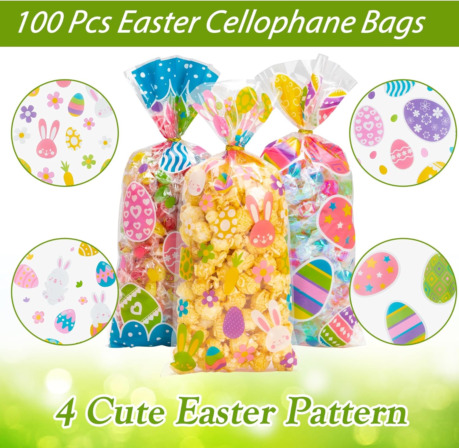 GOMANCHE Easter Cellophane Candy Bags, 100pcs Easter Treat Bags with 100pcs Gold Twist Ties, Easter Candy Goodie Treat Bags for Kids Easter Party Favor Supplies - Image 3