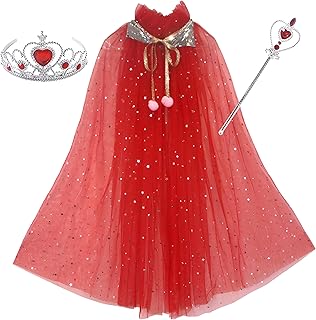 Proumhang Set de 3 Disfraces de Princesa,Colorida Capa con Corona Varita,Princesa de disfraces de Halloween de lentejuelas brillantes Tul Rojo M