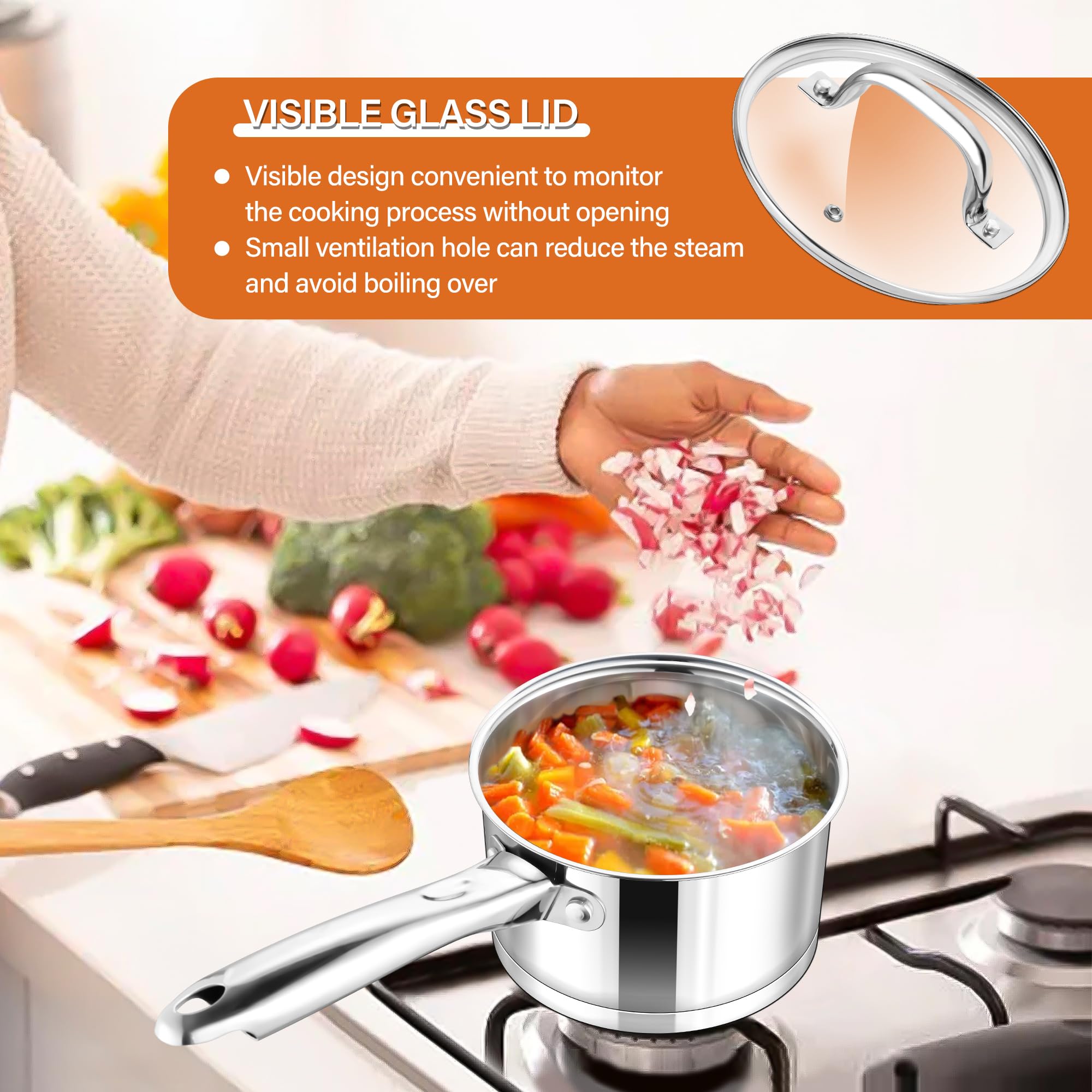Herogo Pentola in acciaio inox a induzione con coperchio in vetro, 20 cm/3,3 l, pentola per carne e spaghetti, per cucinare, sana e non rivestita, resistente al forno, per casseruole con Lid