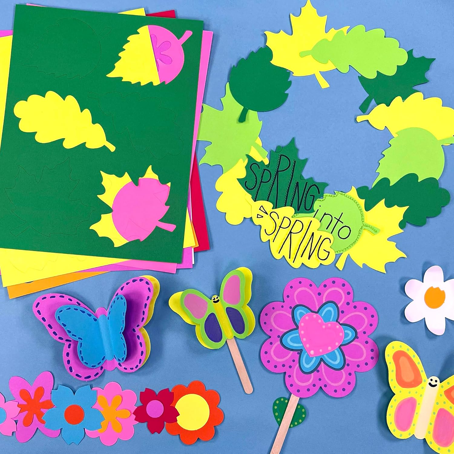 240 Pieces Spring Leaves, Butterflies, Flowers Punch Out Paper Cutouts in Assorted Spring Colors, 2-Sided US Made Card Stock for Spring Crafts, Bulletin Boards, Posters, and Spring Dance Parties