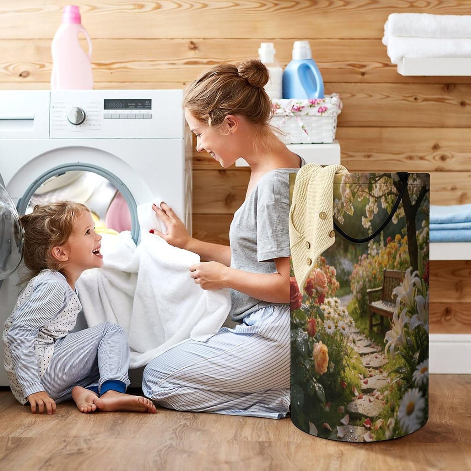 Floral Garden Laundry Hamper 86L Waterproof Collapsible Clothes Basket with Double Handles Freestanding Foldable Laundry Basket Large Clothes Hamper for Bathroom