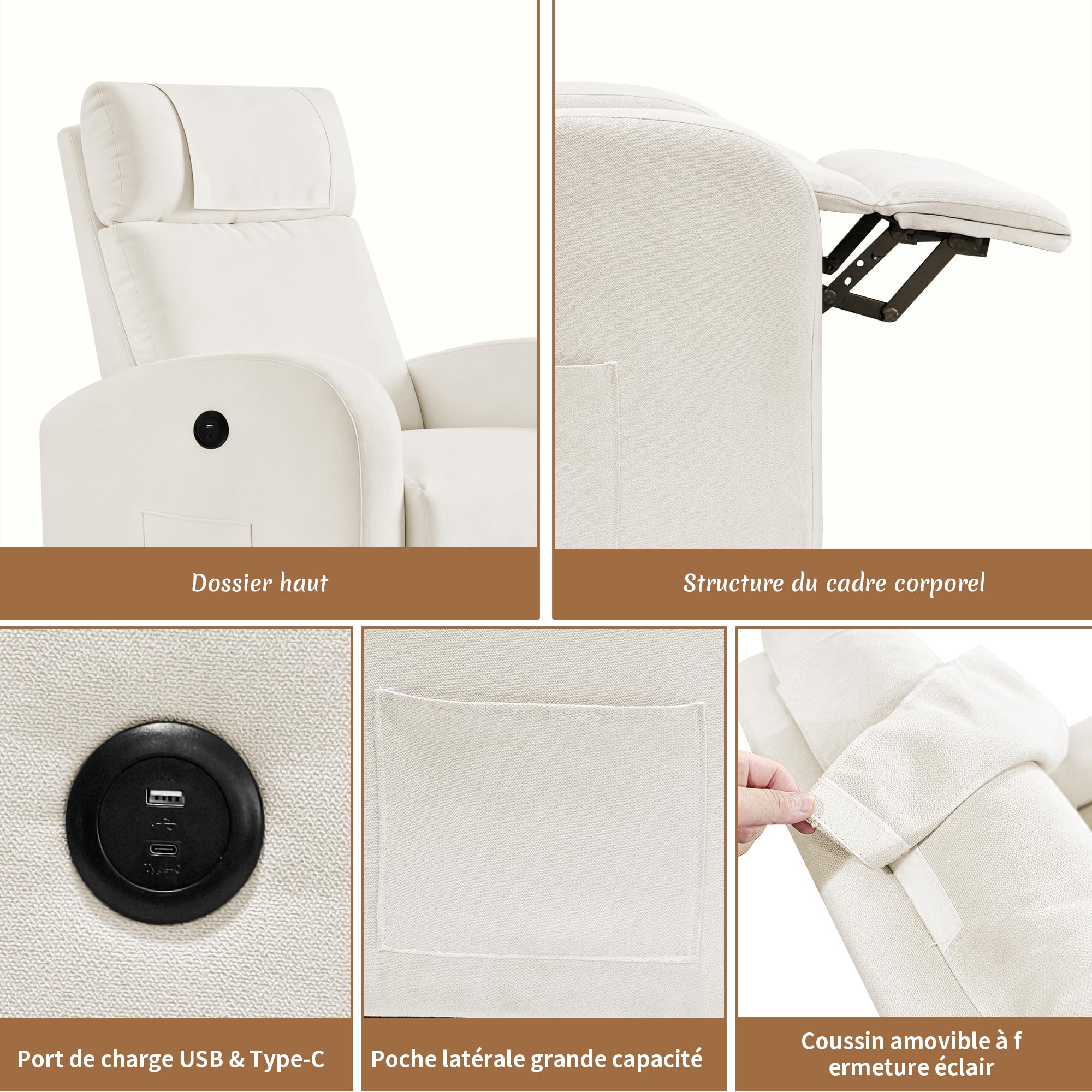 BonVoche Fauteuil Relax, Fauteuil Détente avec Ports de Chargement USB & Type-C, Dossier et Footstool Réglables, Siège Individuel pour Salon, Chambre, Bureau, Tissu Lin, Beige