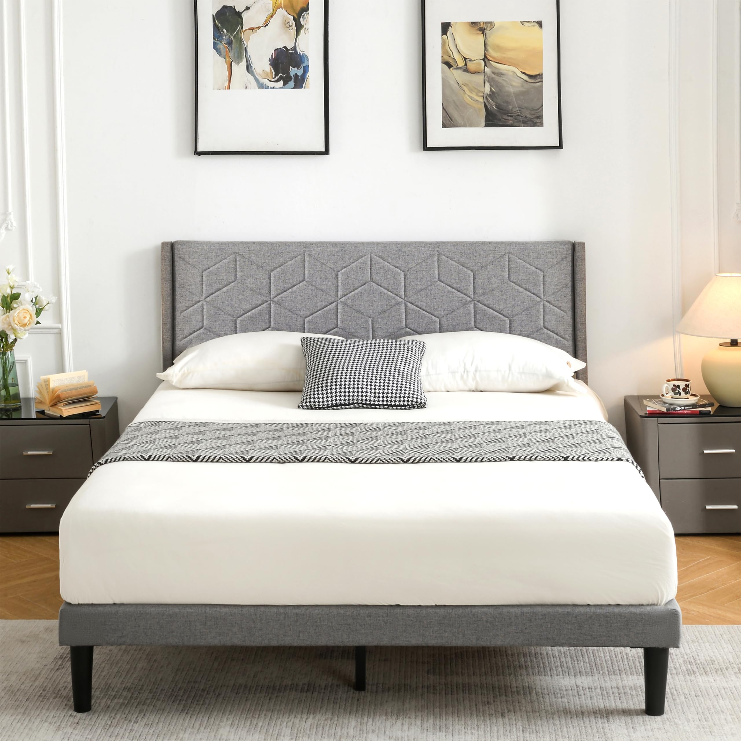 Molblly Queen Bed Frame Upholstered Platform with Headboard