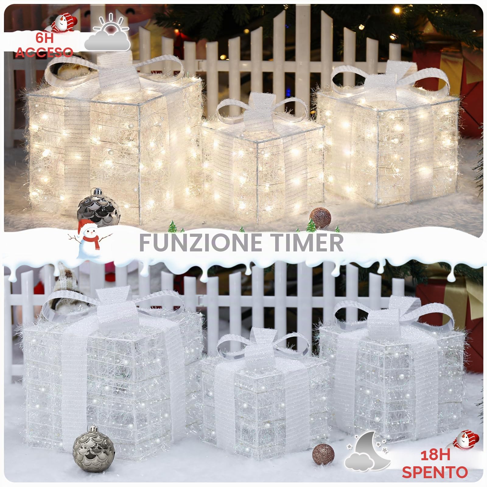 Quntis Set di 3 Pacchi Luminosi Natalizi, LED Scatole Natalizie Luminose con Timer & 8 modalità di Flash, Decorazioni Albero di Natale con Perle e Fiocco Intrecciato Bianco Puro (Rimovibile), Spina