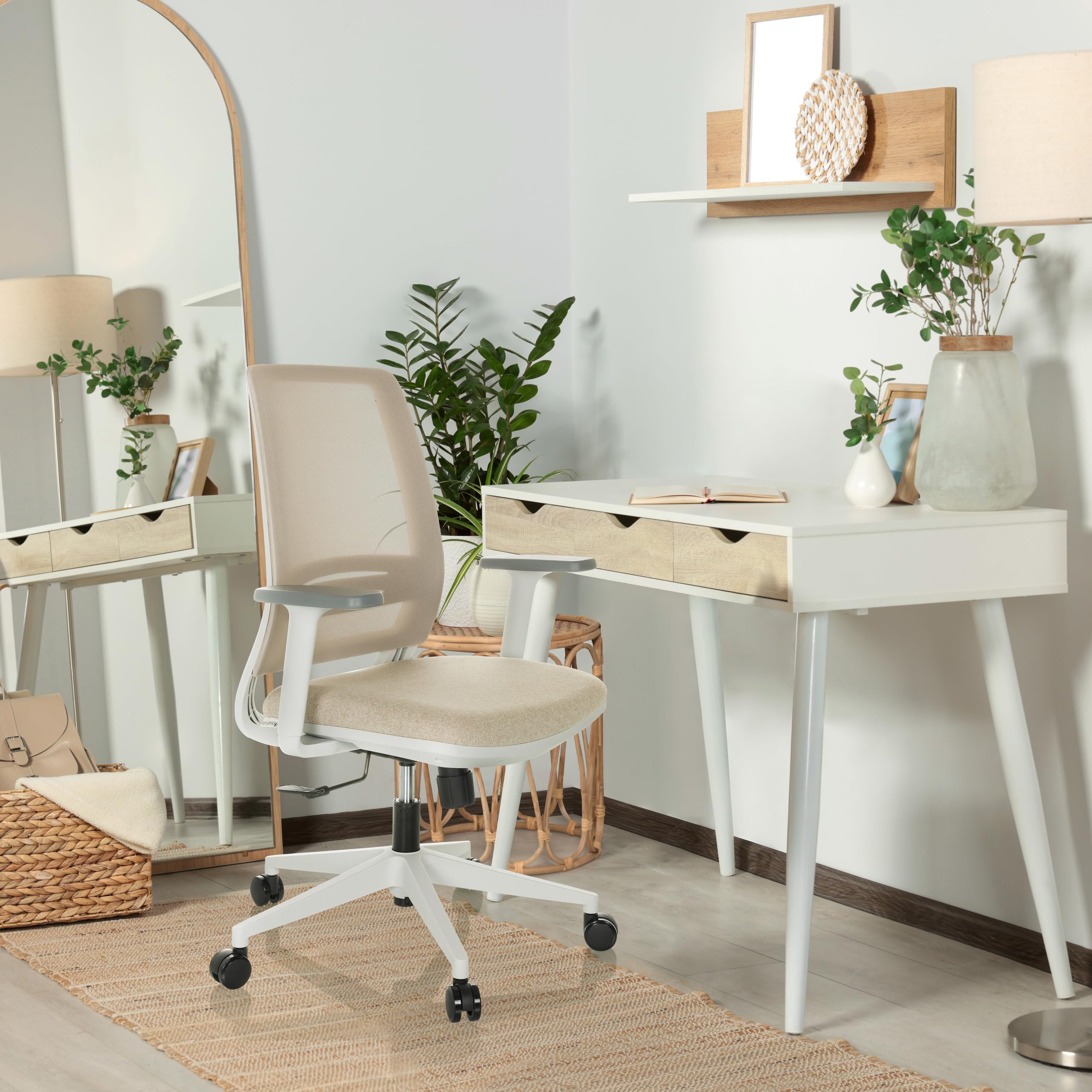 hjh OFFICE Bürostuhl ergonomisch PROFONDO ECO W Drehstuhl atmungsaktiv mit Verstellbarer Lordosenstütze, Beige Netzstoff/Stoff