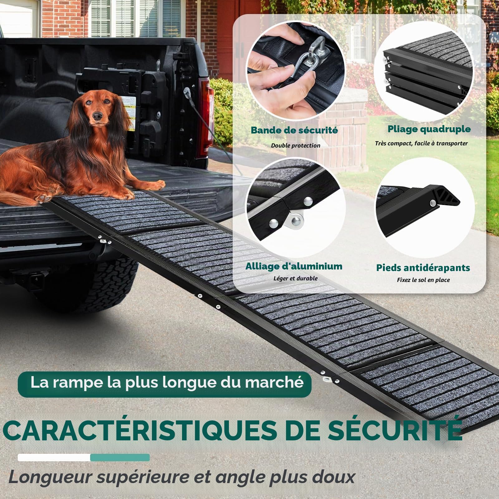 Rampe pour chien de 180 cm de long et 50 cm de large, pliable, avec tapis antidérapant, pliable pour l'extérieur, escalier, voiture, pour chiens de taille moyenne et grande dans un SUV et un camion