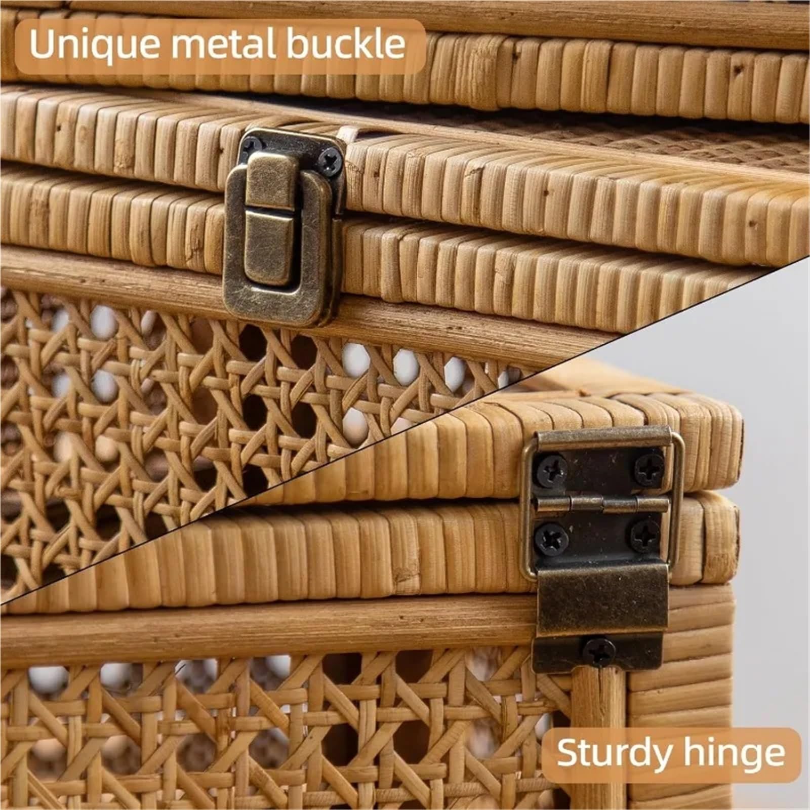 Cesta in rattan Scatola decorativa in rattan, scatole espositive con coperchio, set di 2 cestini portaoggetti rettangolari in vimini, contenitori in canna intrecciata(Round-Brown)