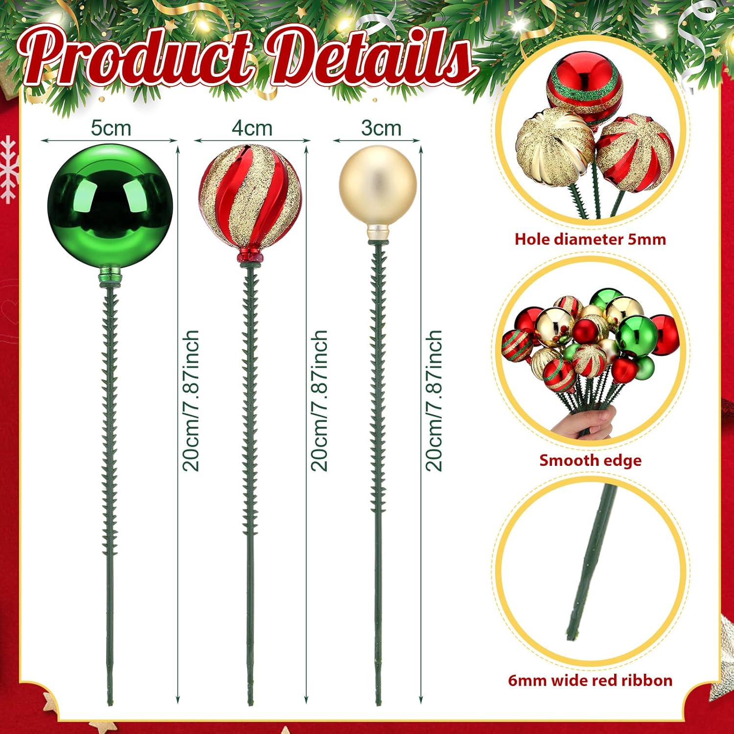 Knitgrip 36 Pcs Christmas Glitter Ball Picks 7.9 Inch Candy Christmas Tree Picks Xmas Ball Ornaments DIY Crafts for Xmas Vase Fillers Wreath Decor(Red, Green, Gold,Classic Style)