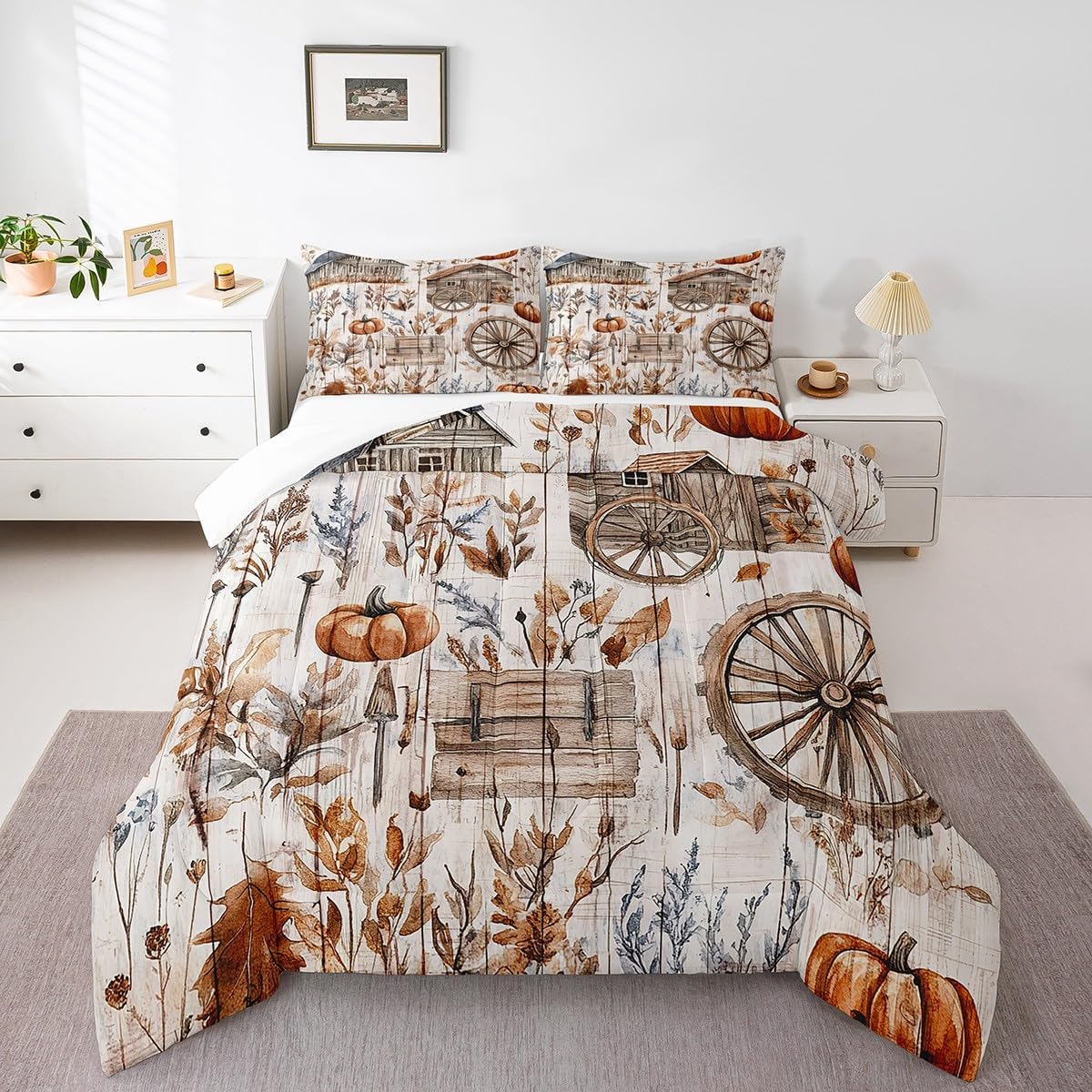 Castle Fairy Harvest Season Full Size Comforter Set,Happy Fall Bedding Set for Adults Teens,Children Vintage Farmhouse Comforter Luxury Pumpkin Quilt Set Room Decor 3Pcs