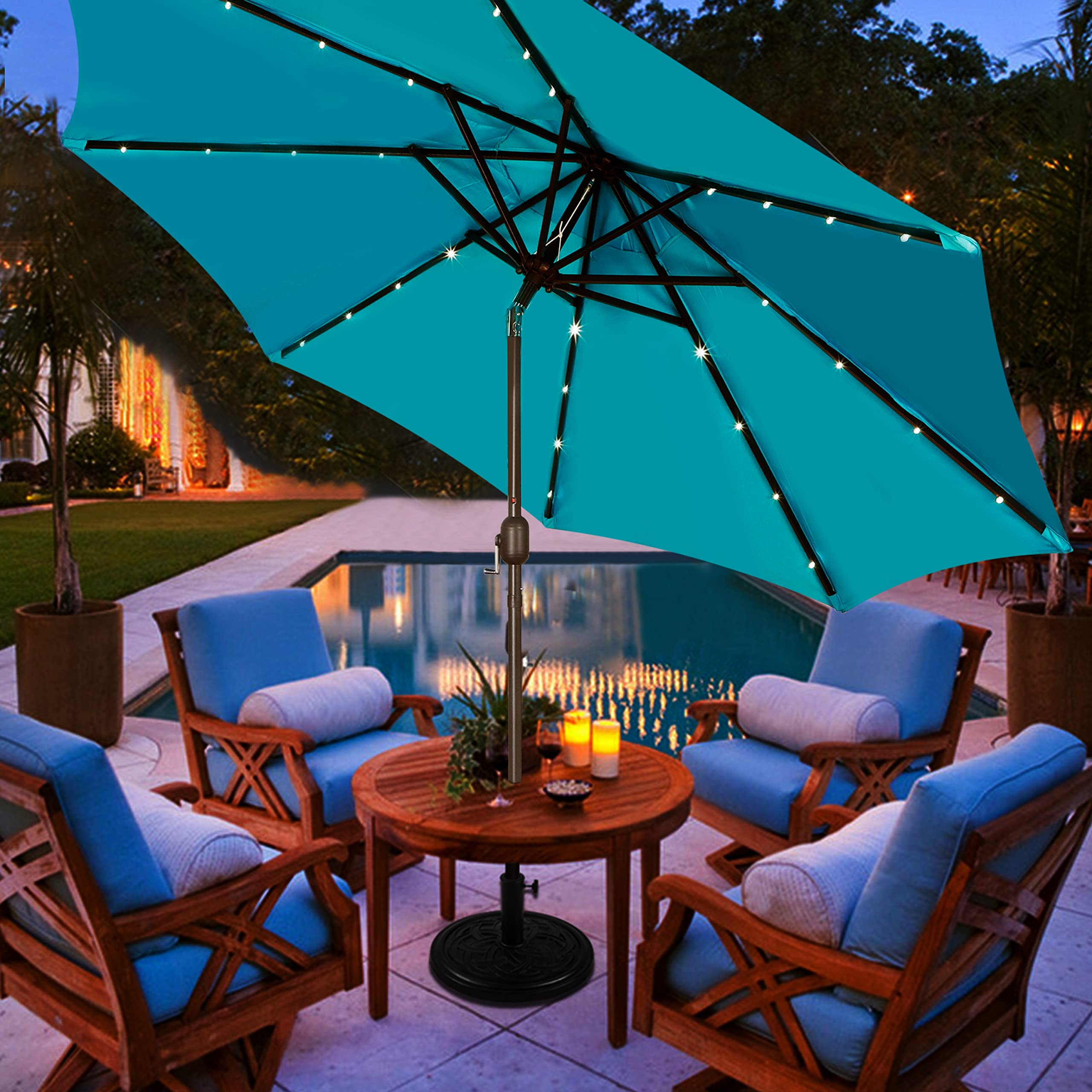 Blissun 9 ft Solar Umbrella 32 LED Lighted Patio Umbrella Table Market Umbrella with Tilt and Crank Outdoor Umbrella for Garden, Deck, Backyard, Pool and Beach (Cerulean)