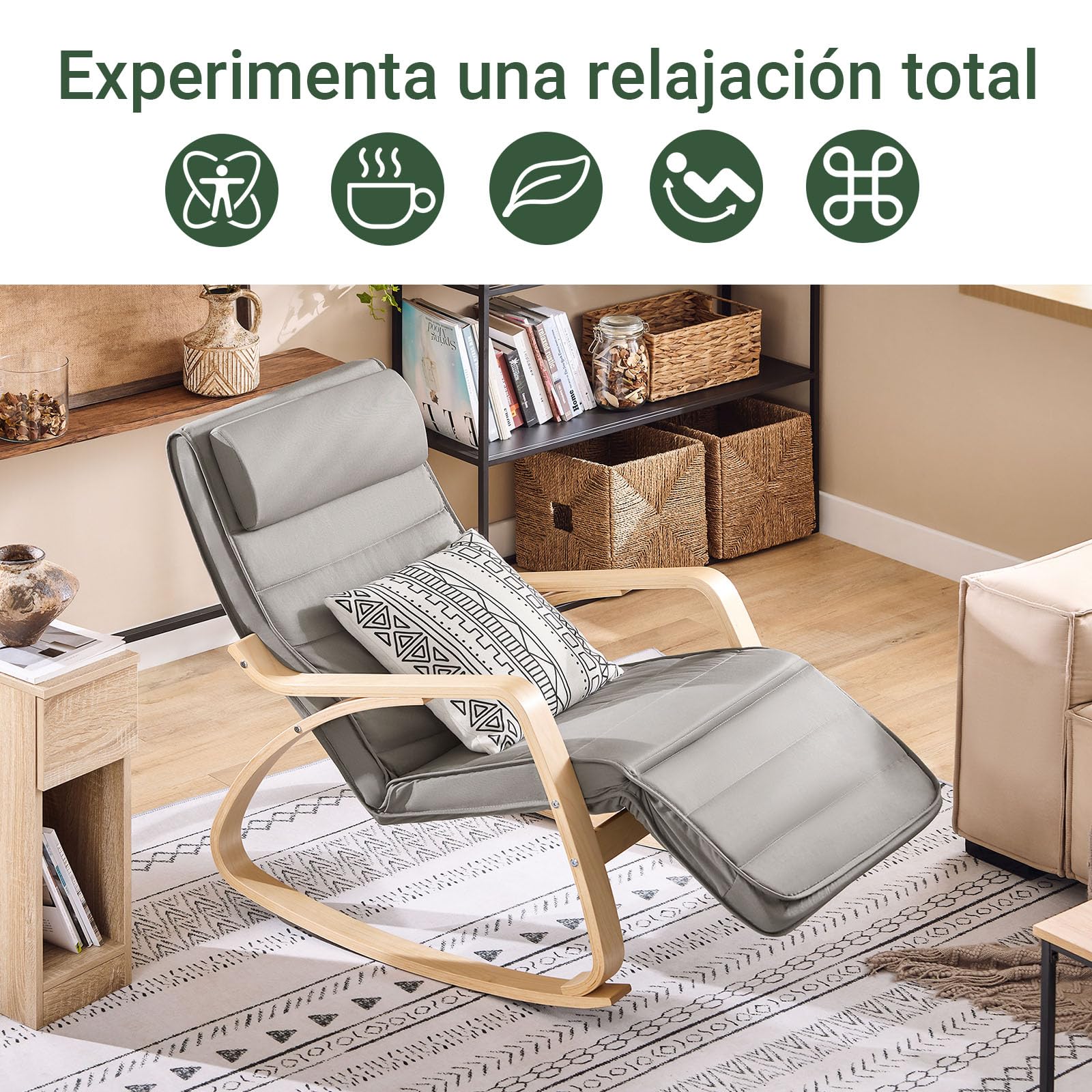 SoBuy Mecedora con Cojín, Silla Mecedora con Reposapiés Ajustable y Reposacabezas - Relajante Sillon, Gris FST16-DG