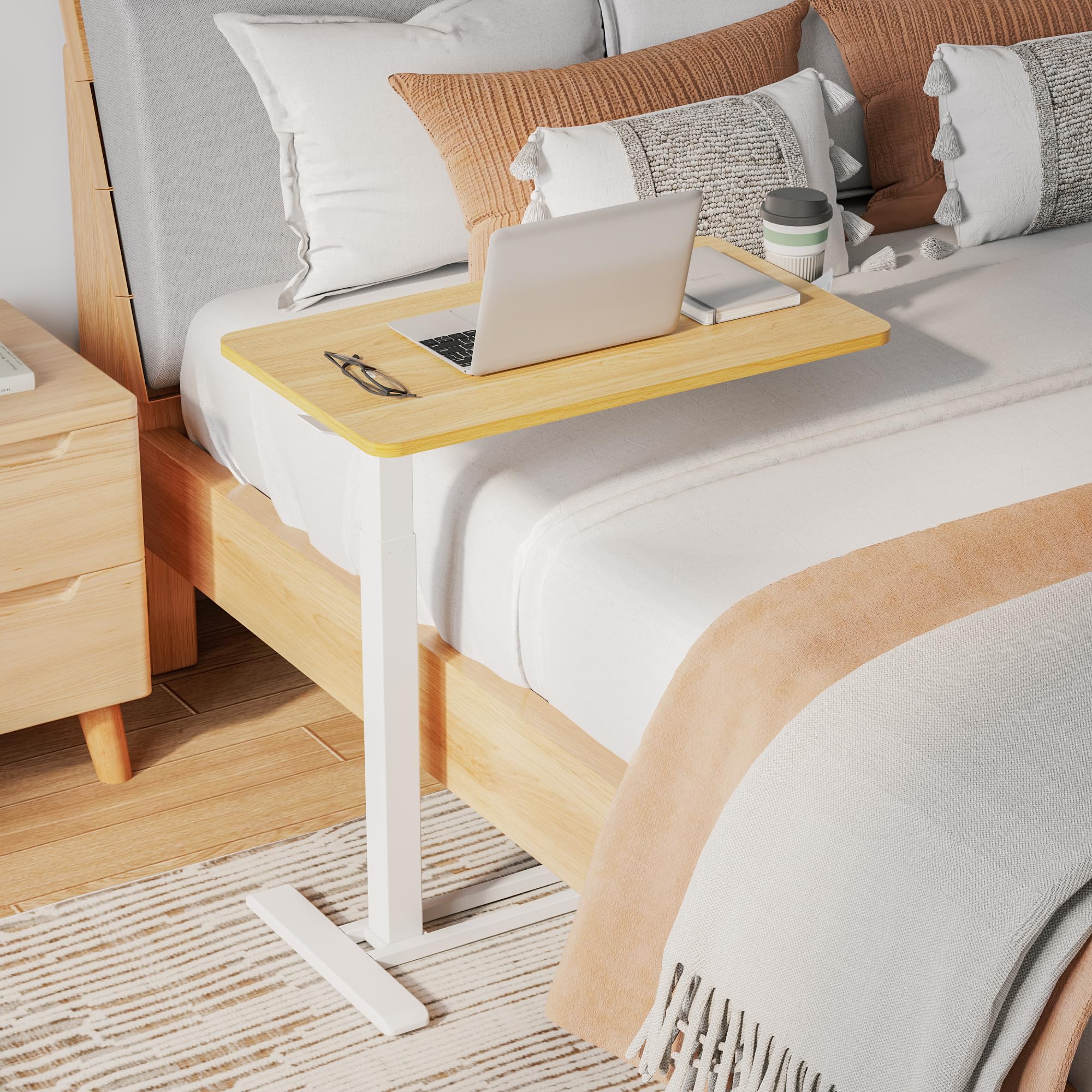 SANODESK Medical Adjustable Overbed Bedside Table with Hidden Casters, Pneumatic Mobile Laptop Computer Standing Desk Cart with Tray, Hospital and Home Use(27.6