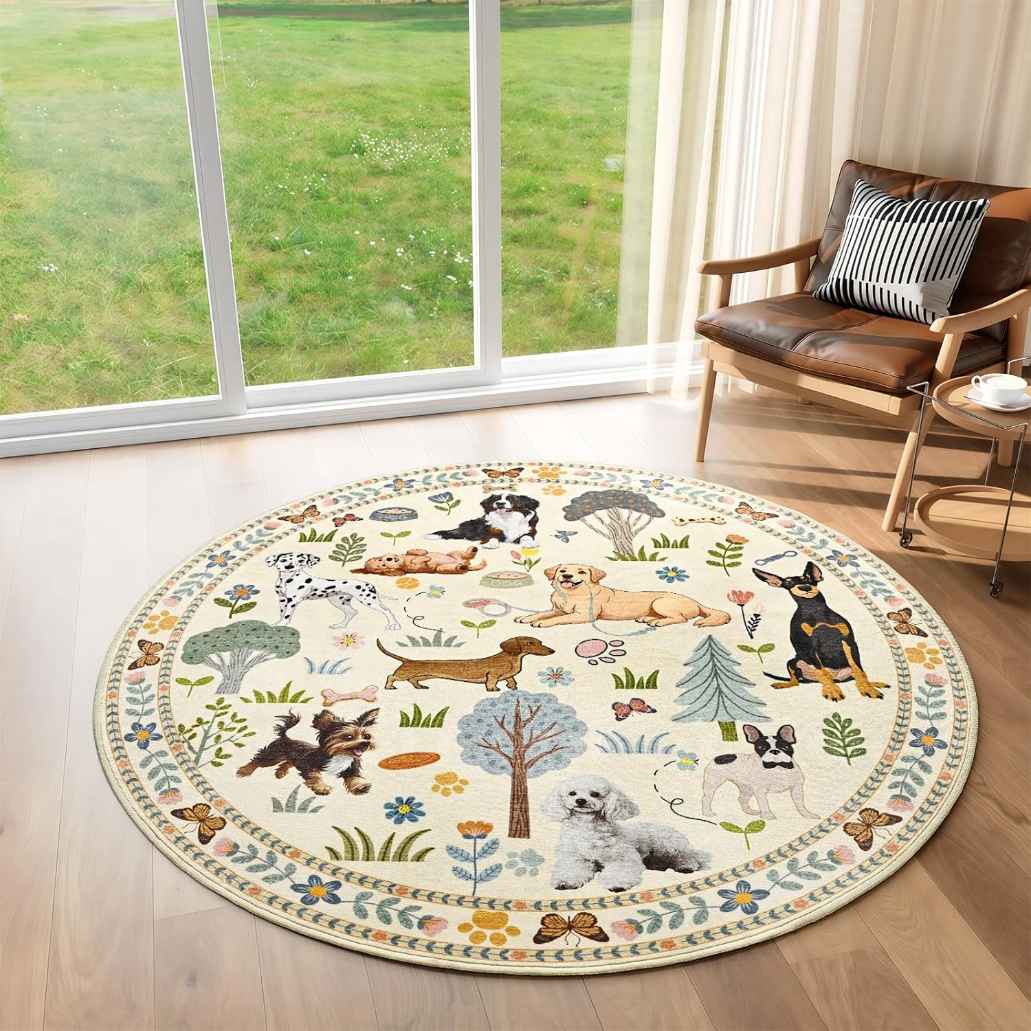 ST. BRIDGE 4ft Beige Round Area Rug, Washable Boho Animal Dog Non-Slip Circle Rug, Soft Thin Stain-Resistant Low-Pile Carpet for Entryway Kitchen Living Room Bedroom Nursery Kids Playroom