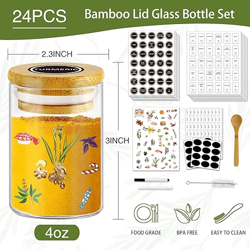 Miniatura 2 de SLifeJars - Tarros de especias con etiqueta, 4 onzas, 24 recipientes de especias de vidrio con tapas de bambú, recipientes de condimentos, botellas