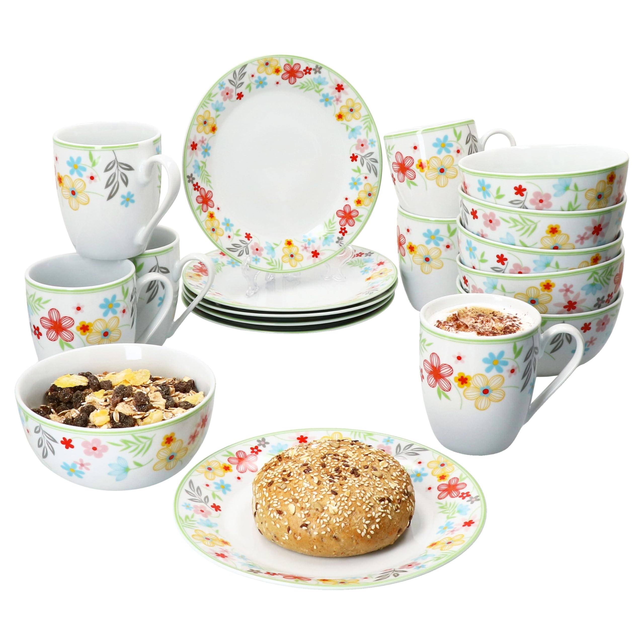 MamboCat Variant Blümchen Service de Petit-Déjeuner 18 Pièces I 6 Assiettes, Bols 450 ml et Tasses à Café 350 ml, Hauteur 10,3 cm pour 6 Personnes I Vaisselle en Porcelaine