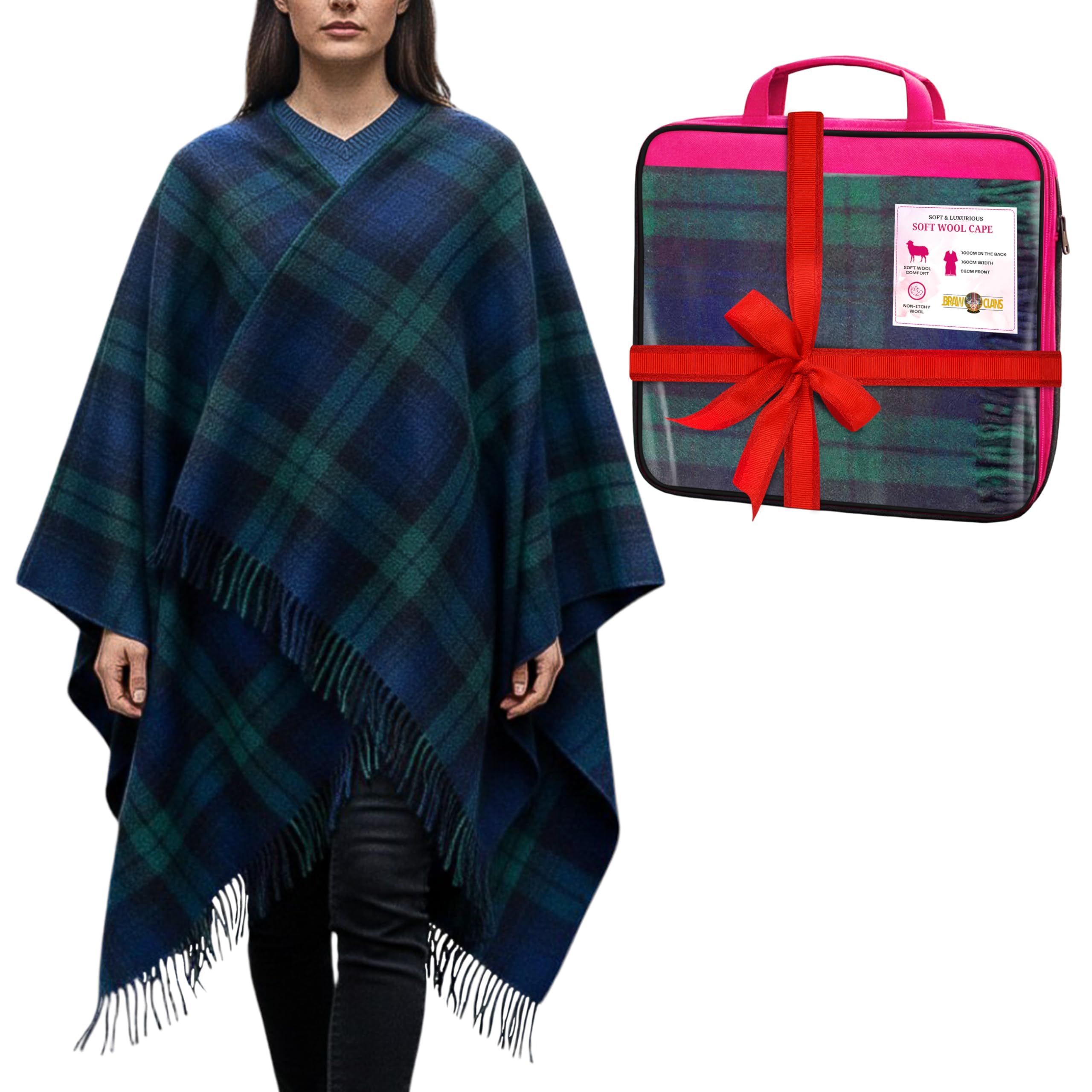 Braw Clans Tartans Unisex Black Watch Modern Soft Wool Tartan Poncho Blanket Cape, Tartan