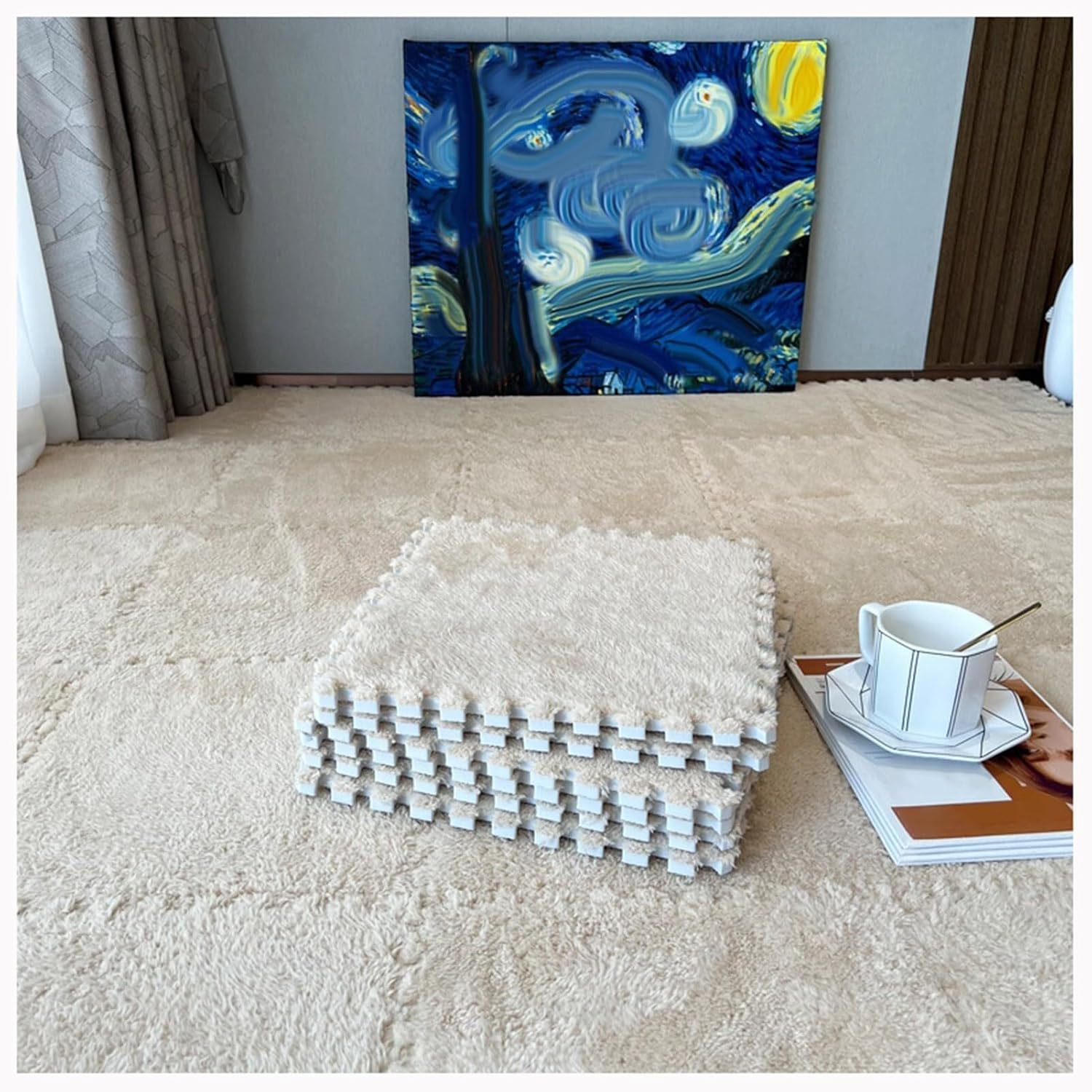 32pcs Shaggy Interlocking Carpet Tiles, 30x30x1cm Square Plush Puzzle Foam Floor Mat Carpet, Puzzle Fluffy Mats for Playroom Livingroom(Apricot)
