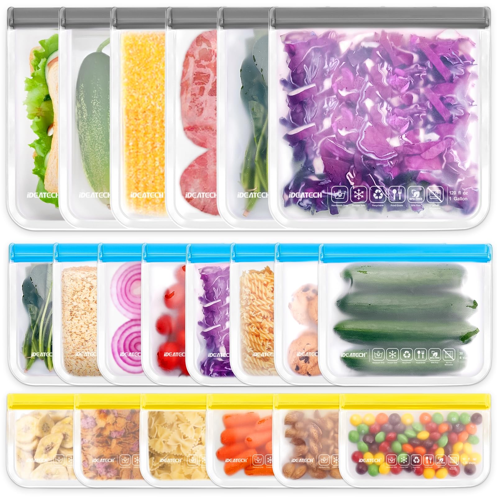 IDEATECH Sacchetti Silicone Freezer 20 Pack Riutilizzabili Buste Alimenti Richiudibili Congelatore Cibo Ermetici Zip BPA Free Gelo Verdura Carne Frutta