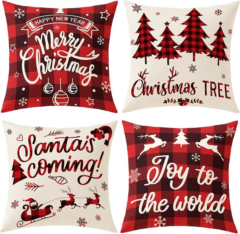 Fundas de almohada navideñas a cuadros, 18 x 18, juego de 4 cuadros de búfalo, decoraciones navideñas rojas y negras, fundas de almohada de granja, fundas de cojín de lino para vacaciones de invierno para el hogar, sofá, cama, silla