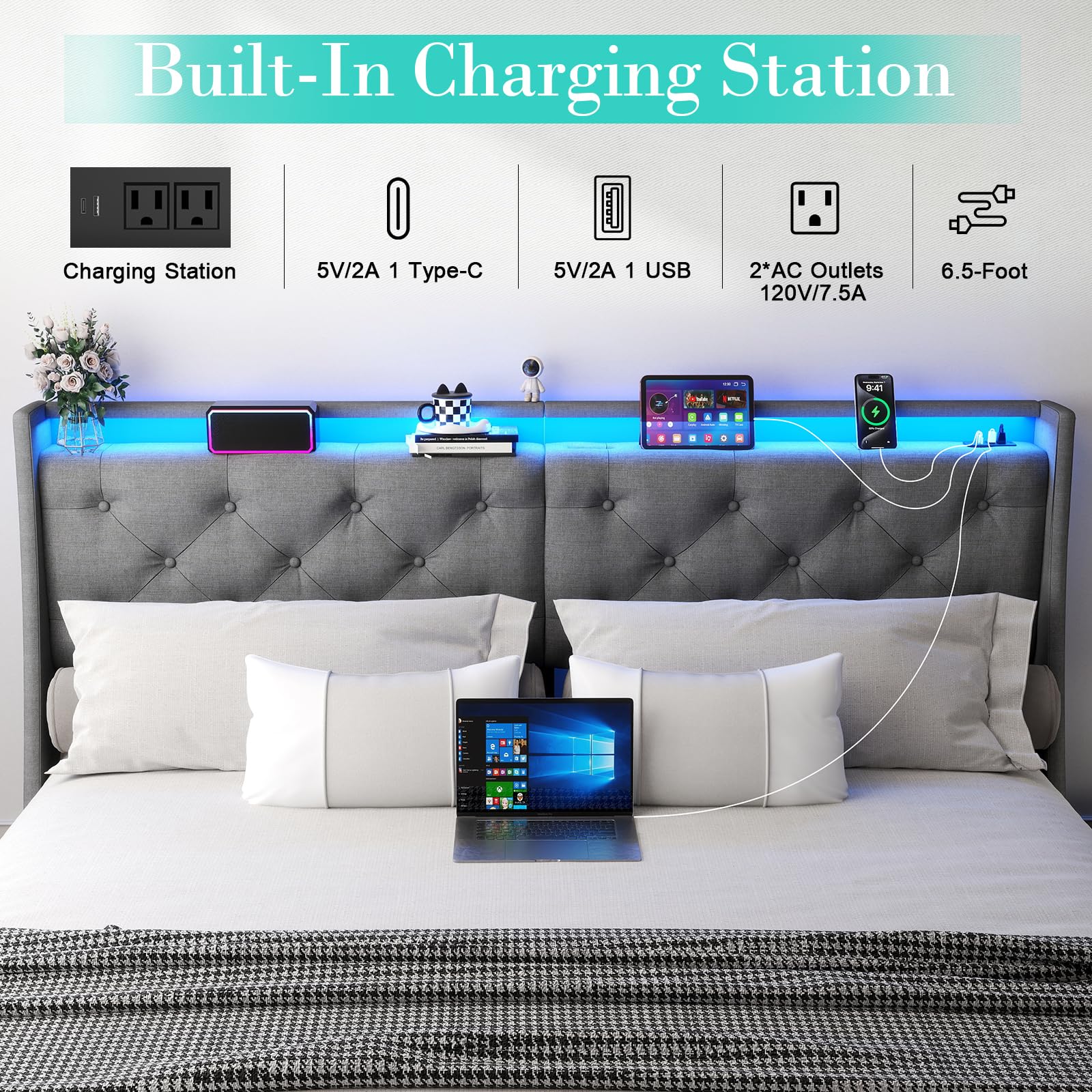 Queen Bed Frame with 2 Storage Drawers, Platform Bed Frame Queen Size with LED Light, Upholstered Headboard, Charging Station, Steel Slat Support, No Box Spring Needed, Noise-Free, Easy Assembly, Gray: King Button Tuffed & 4 Drawers