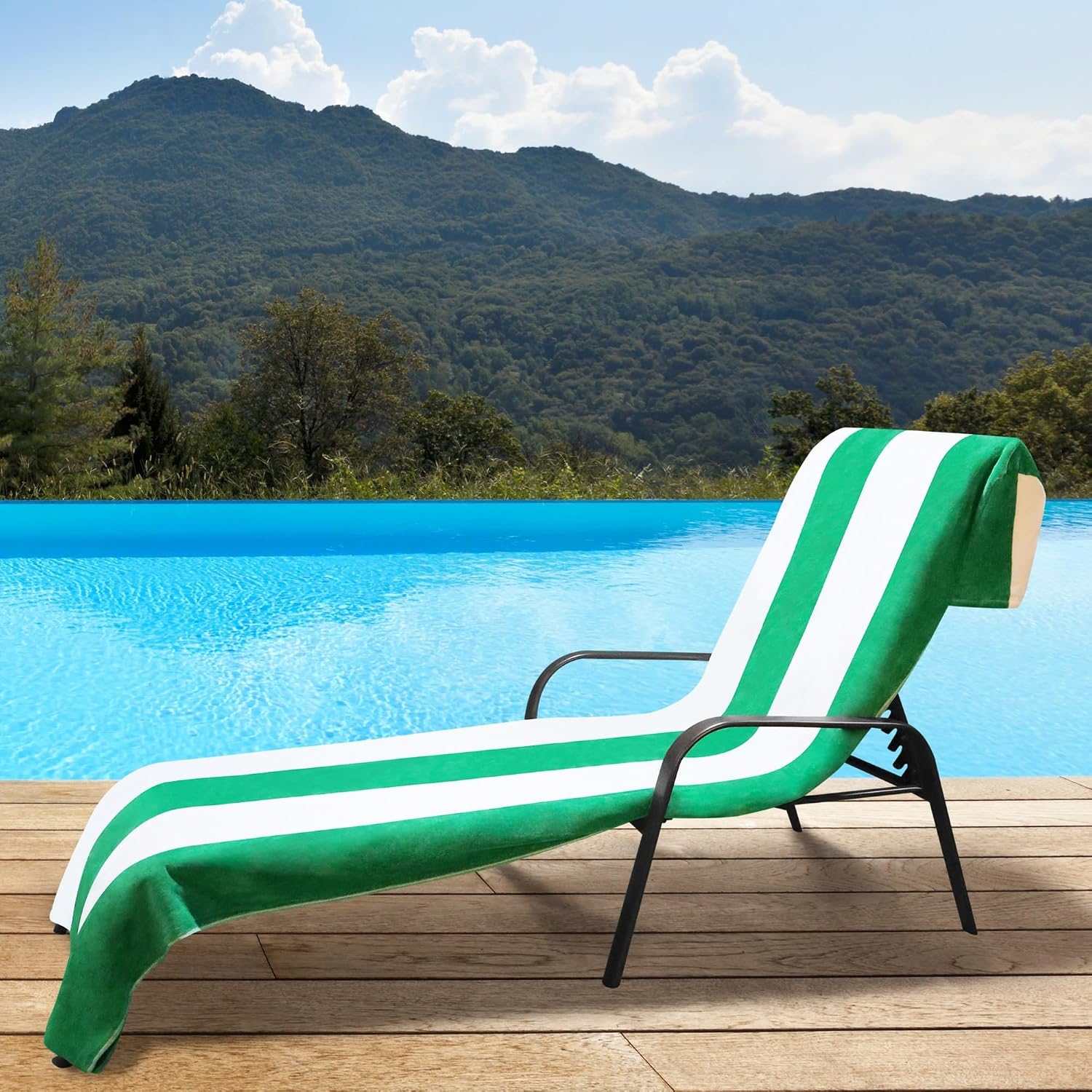 Superior Cabana Cotton Lounge Chair Cover, Outdoor Towel/Chaise Furniture Covers, Terry Cloth, Beach, Spa, Swim Accessories, Pool Chair Cover, Soft, Quick Drying, 32" x 102", Set of 4, Dark Green