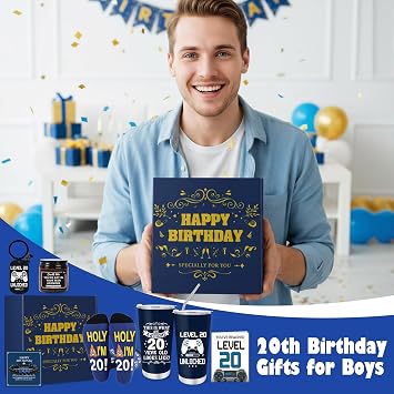 Keluna 20th Birthday Gifts for Men - 20 Year Old Birthday Gifts Set with 20 Oz Tumbler, Bracelet, Socks, Keychain, Greeting Card for Son, Nephew, Grandson, Brother, Boyfriend Christmas
