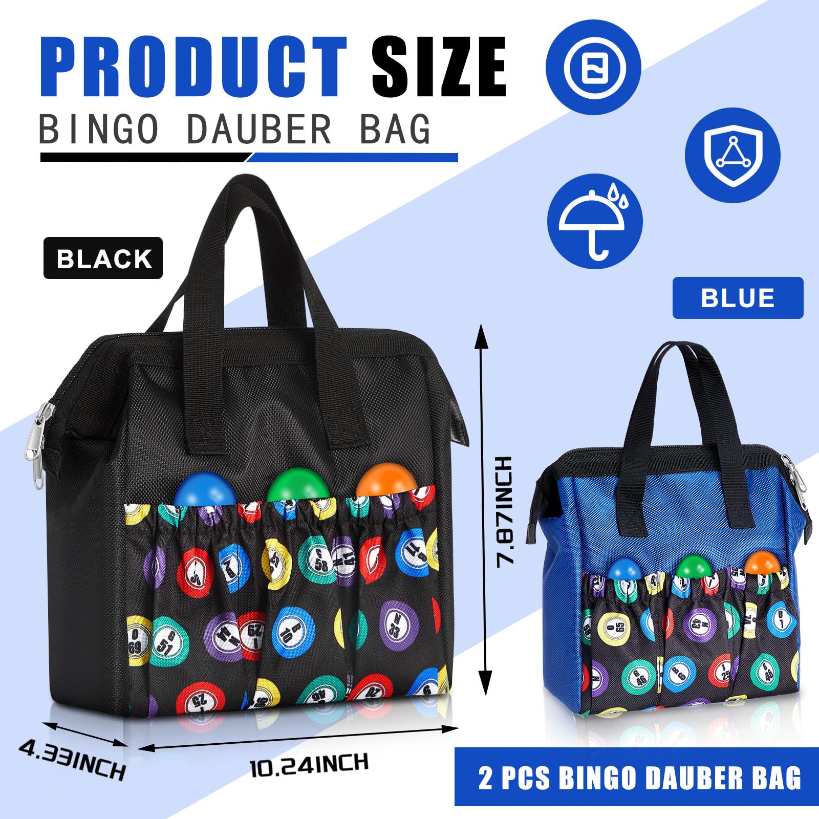 Sweetude Borsa da bingo Dauber con manico e cerniera, con 6 tasche esterne e 3 tasche interne, 2 pezzi, nero, blu., Large, Borsa casual
