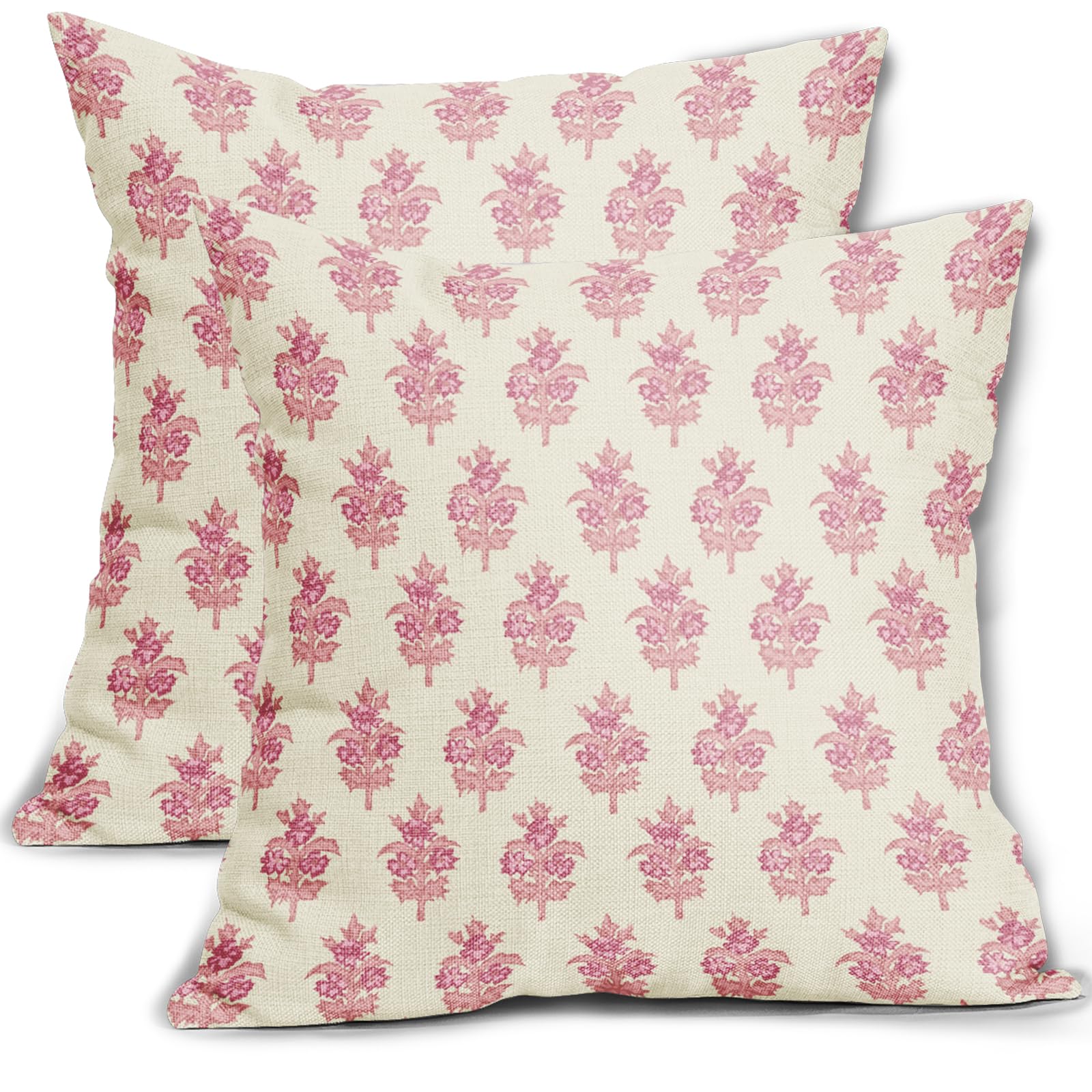 Aytipun Pink Floral Block Print Pillow Covers 20x20 Set of 2 Spring Flower Pattern Decorative Throw Pillowcases Outdoor Rustic Farmhouse Square