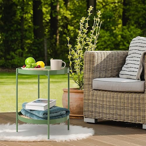 Miniatura 5 de danpinera Mesa auxiliar redonda de 2 niveles, mesa auxiliar de metal con bandeja extraíble, pequeña mesa decorativa para exteriores, mesita de noche