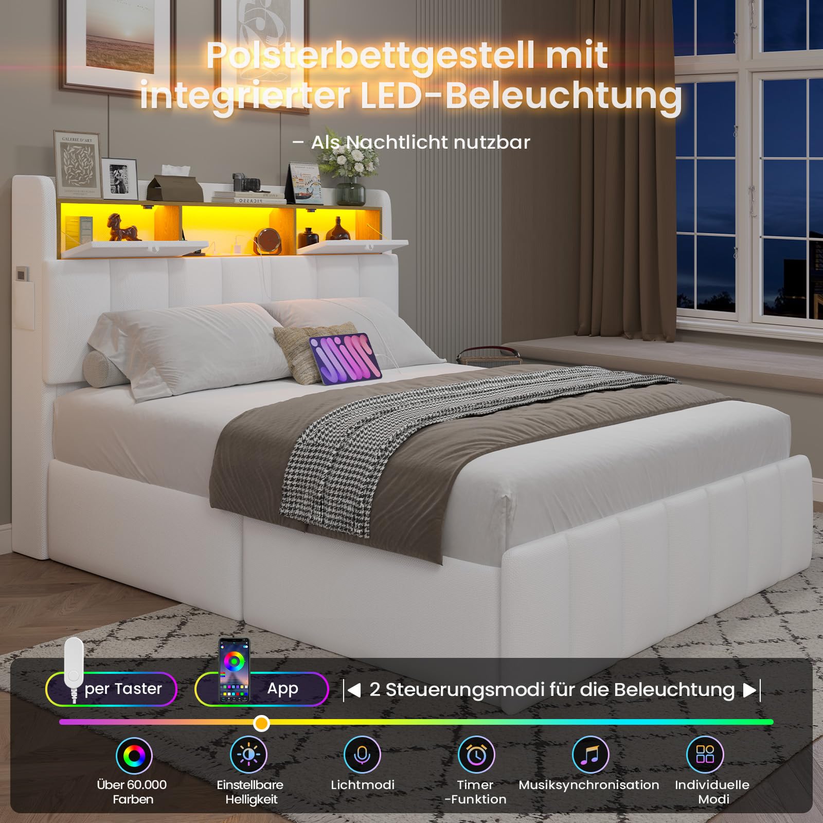 DICTAC Bett 140x200 mit Lattenrost & LED Beleuchtung – Stauraumbett mit Bettkasten, Polsterkopfteil & USB Ladestation – Weißes Polsterbett 140x200, Doppelbett für Jugendliche & Erwachsene