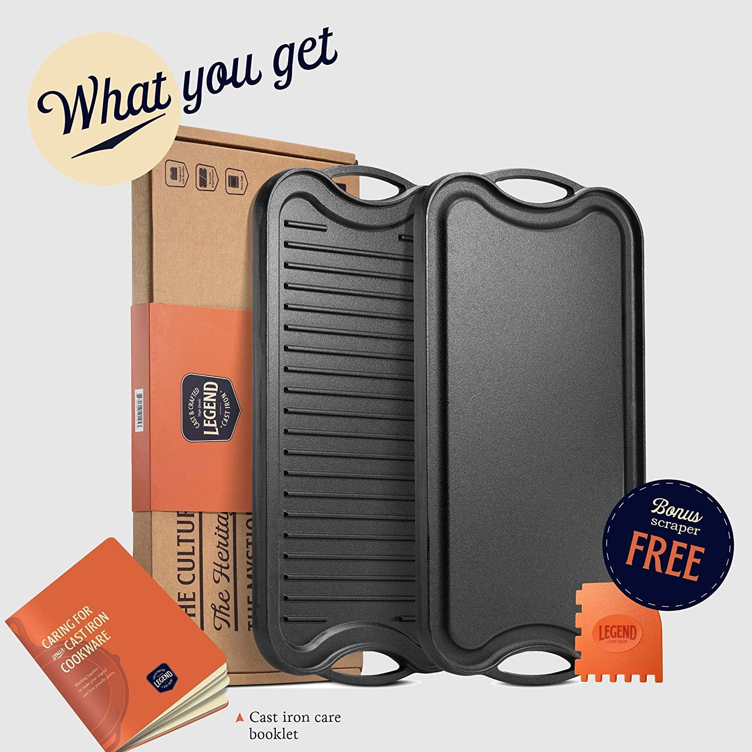 Legend Cast Iron Griddle for Gas Stovetop | 2-in-1 Reversible 20” Cast Iron Grill Pan For Stovetop with Easy Grip Handles | Use On Open Fire & In Oven | Lightly Pre-Seasoned Gets Better with Each Use: Home & Kitchen