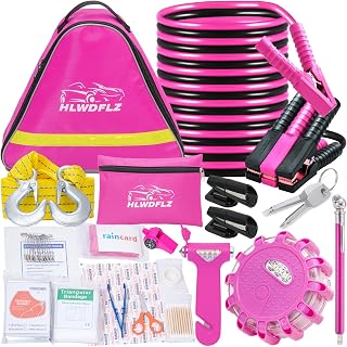 Pink Roadside Assistance Kit with Jumper Cable, Tow Rope, LED Road Flare, Deer Whistles and More Women Emergency Safety Tool Kit