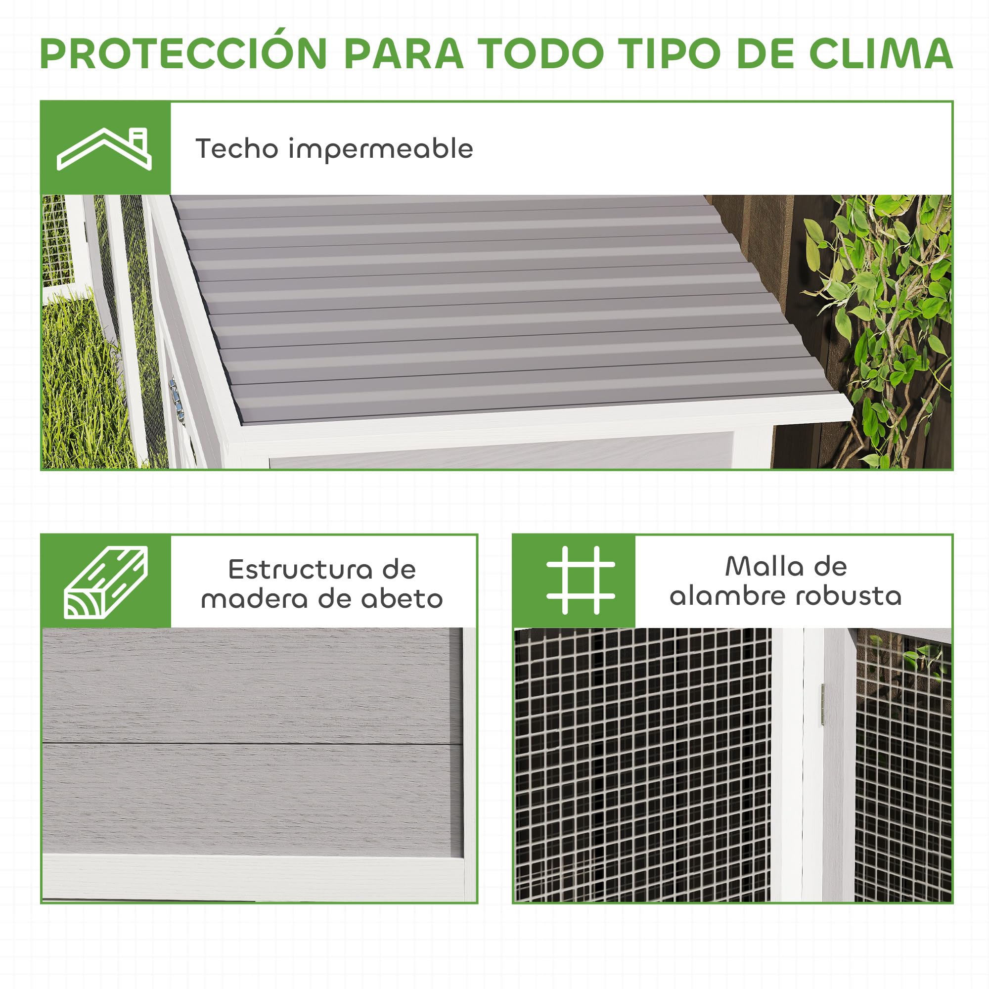 PawHut Gallinero de Madera Grande Exterior, Jaula para Gallinas en L para Esquina, 2 Nidos, Corral, Bandejas Extraíbles, Techo de Pet, Rampas, 251x192x103 cm, Gris